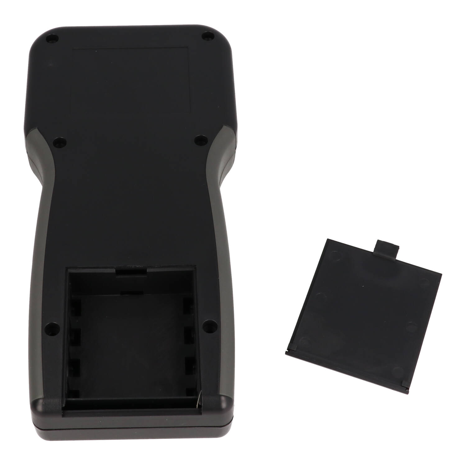 1553TBKBAT black ABS T-shaped hand held enclosure with battery door and grey TPE soft grip