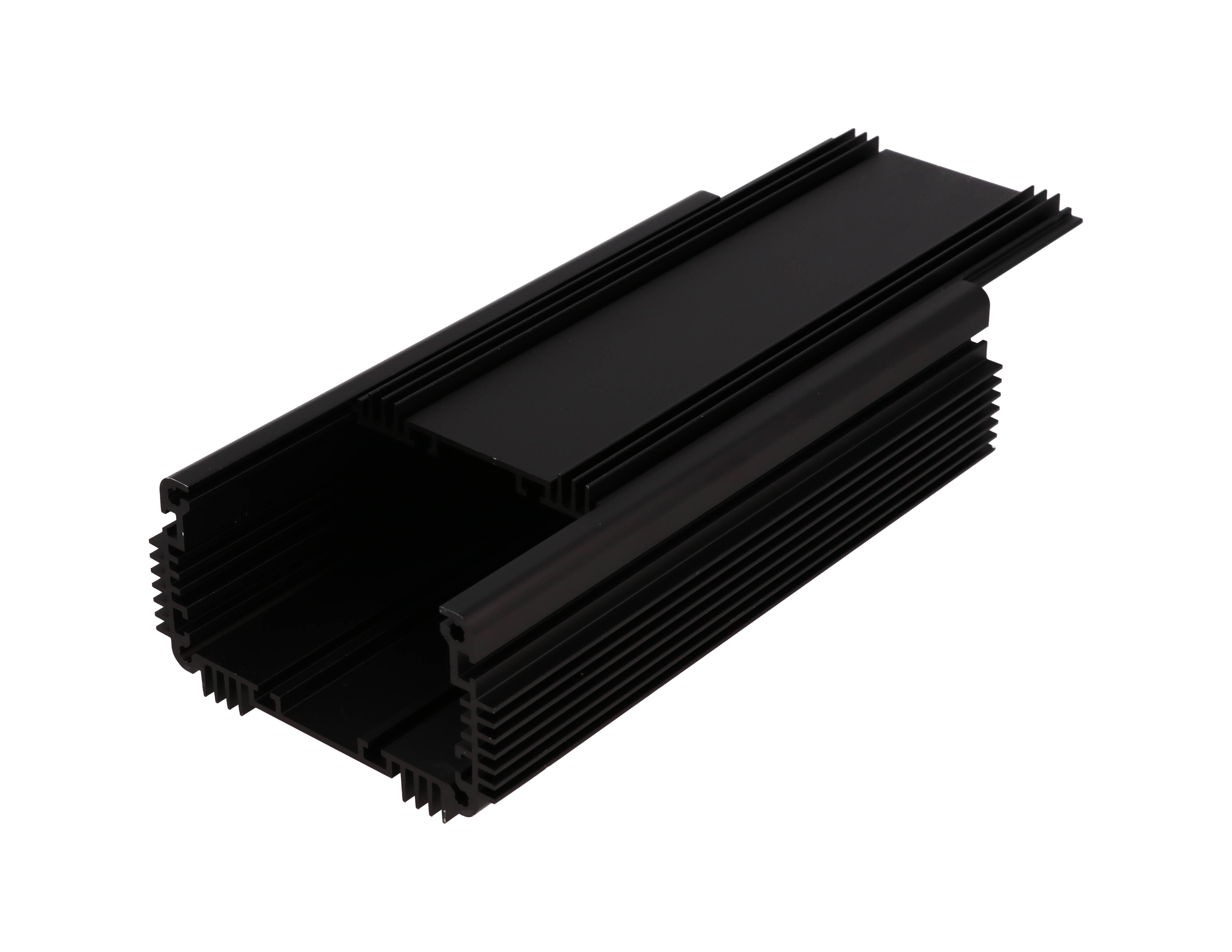 1455KHD1601BK black anodized finned heat dissipating extruded aluminum enclosure, 160 x 86 x 51 mm, with mounting flanges