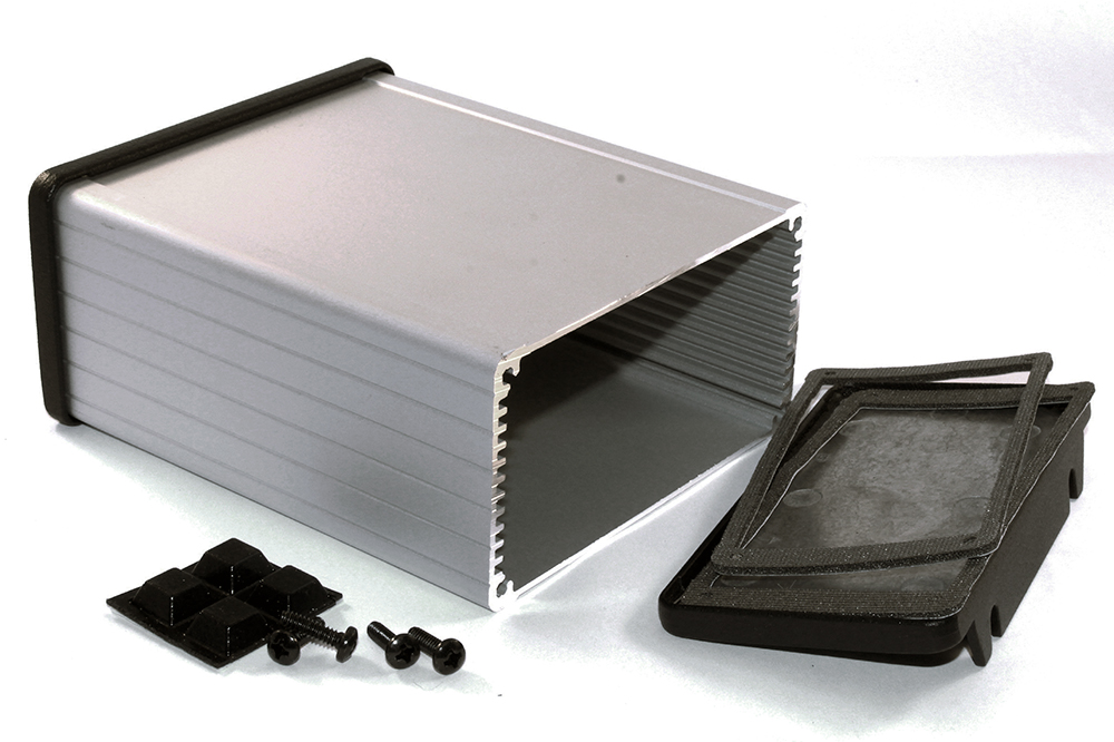 1457N1202E clear anodized EMI/RFI shielded extruded aluminum enclosure with flanged black end panels, 120 mm x 104 mm x 55 mm