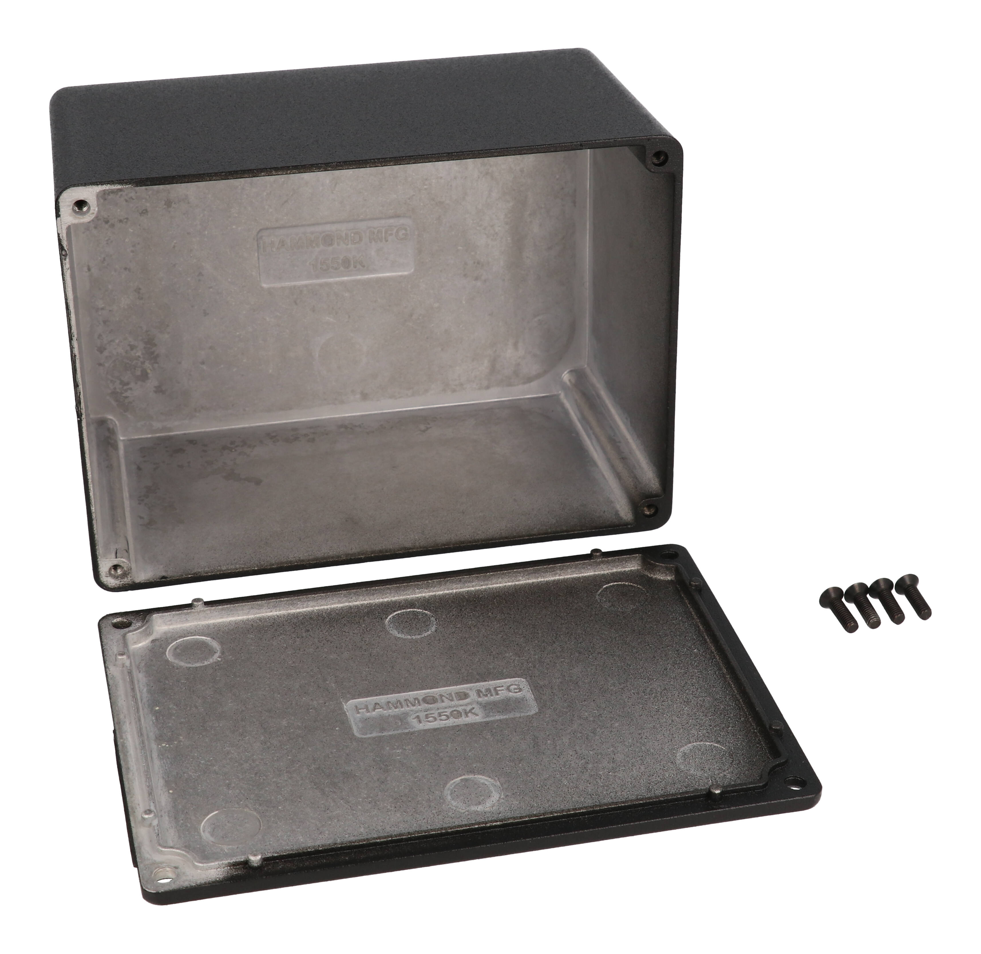 1550KBK black powder coated diecast aluminum enclosure, 140 mm x 102 mm x 72 mm, with screw-down lid