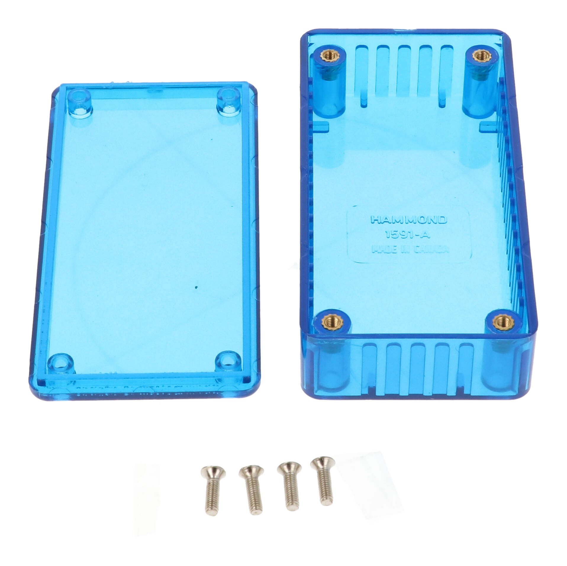 1591ATBU ice blue translucent polycarbonate enclosure, 100 x 50 x 25 mm, with lid and cover screws