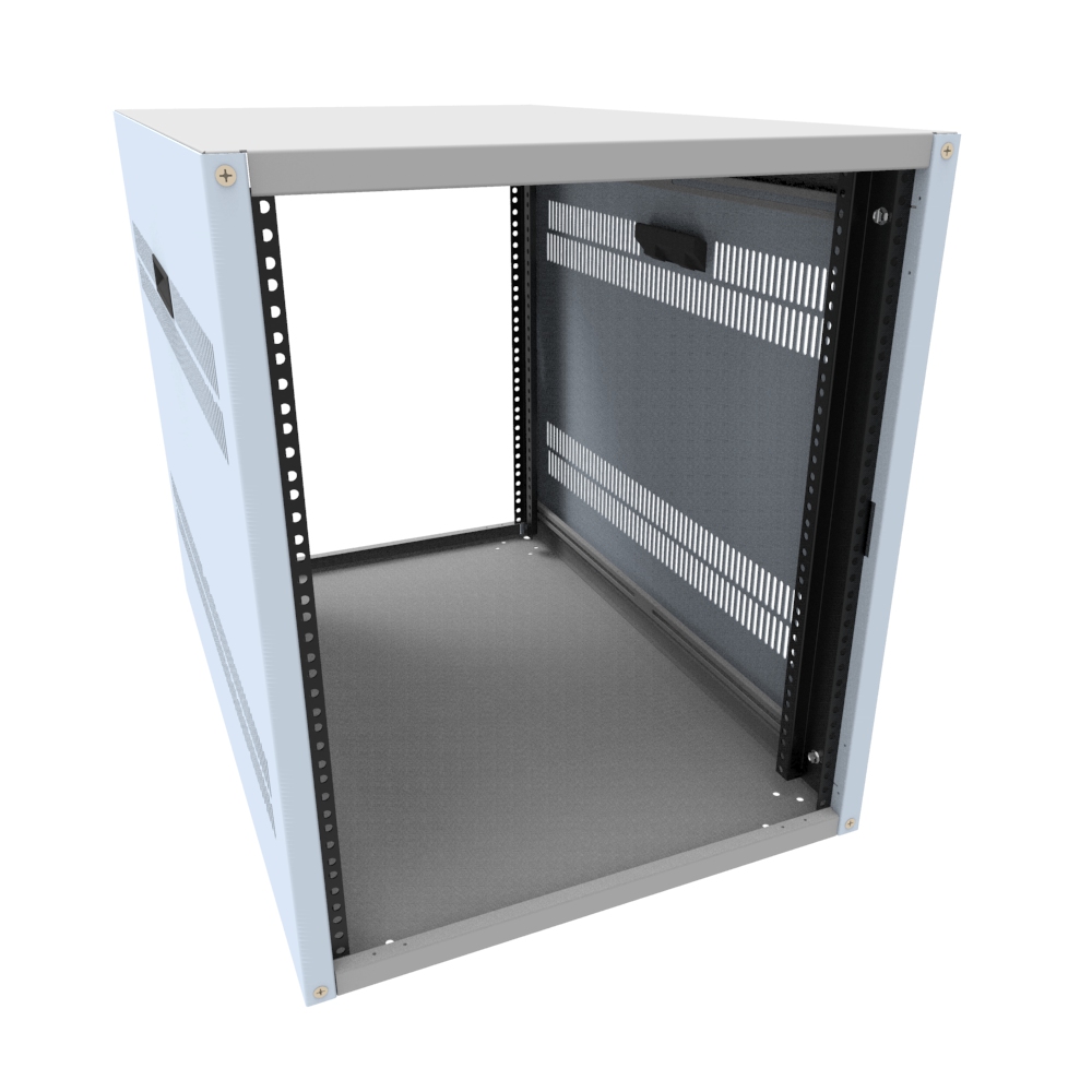 RCHV1902231LG1 13U vented-side knock-down rack cabinet in RAL7035 light gray, 24.75 x 21 x 31.5 in with 19-inch round-hole mounting rails