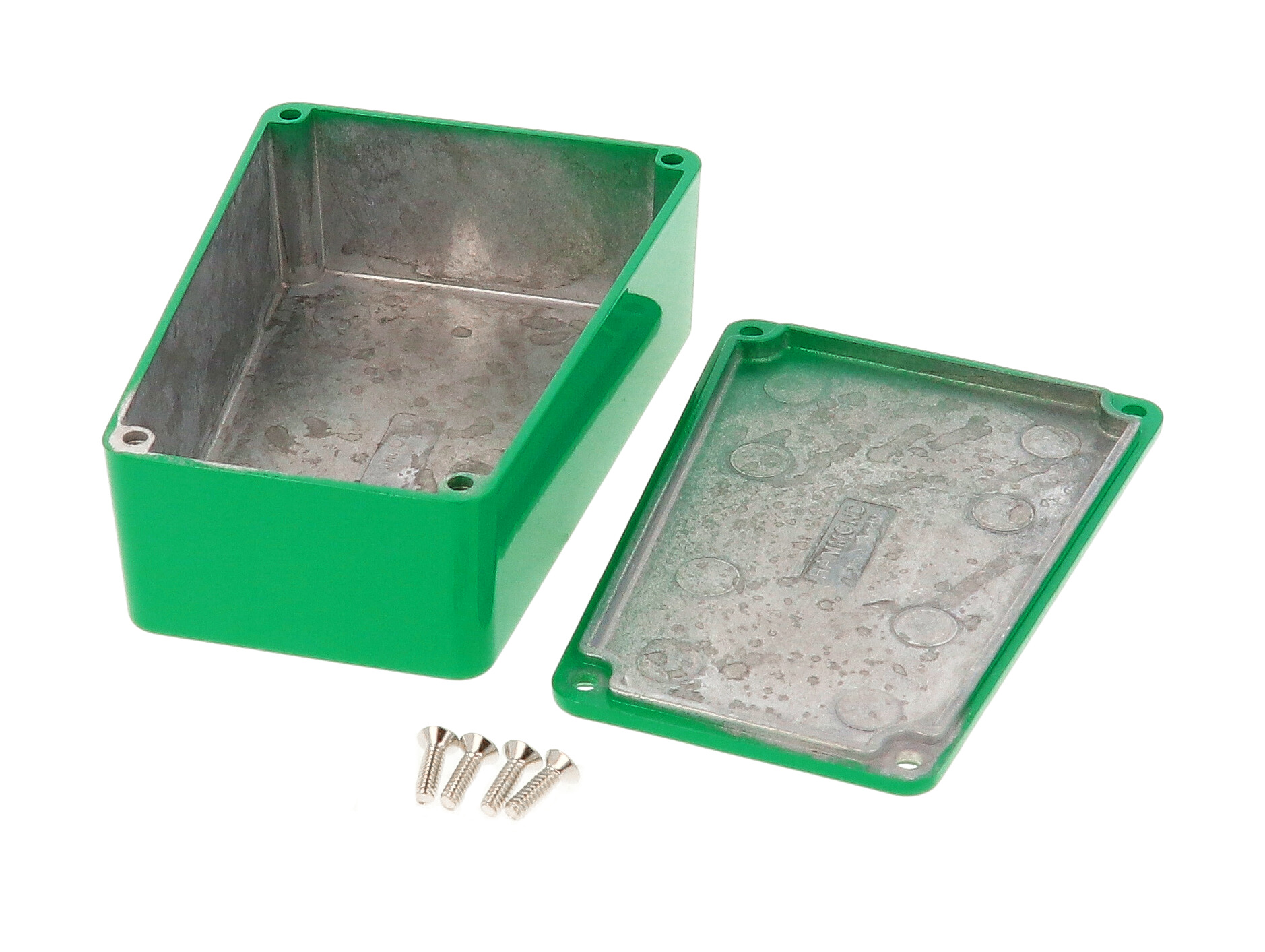 1590TRPBGR green painted diecast aluminum narrow trapezoid stomp box enclosure with lid and cover screws
