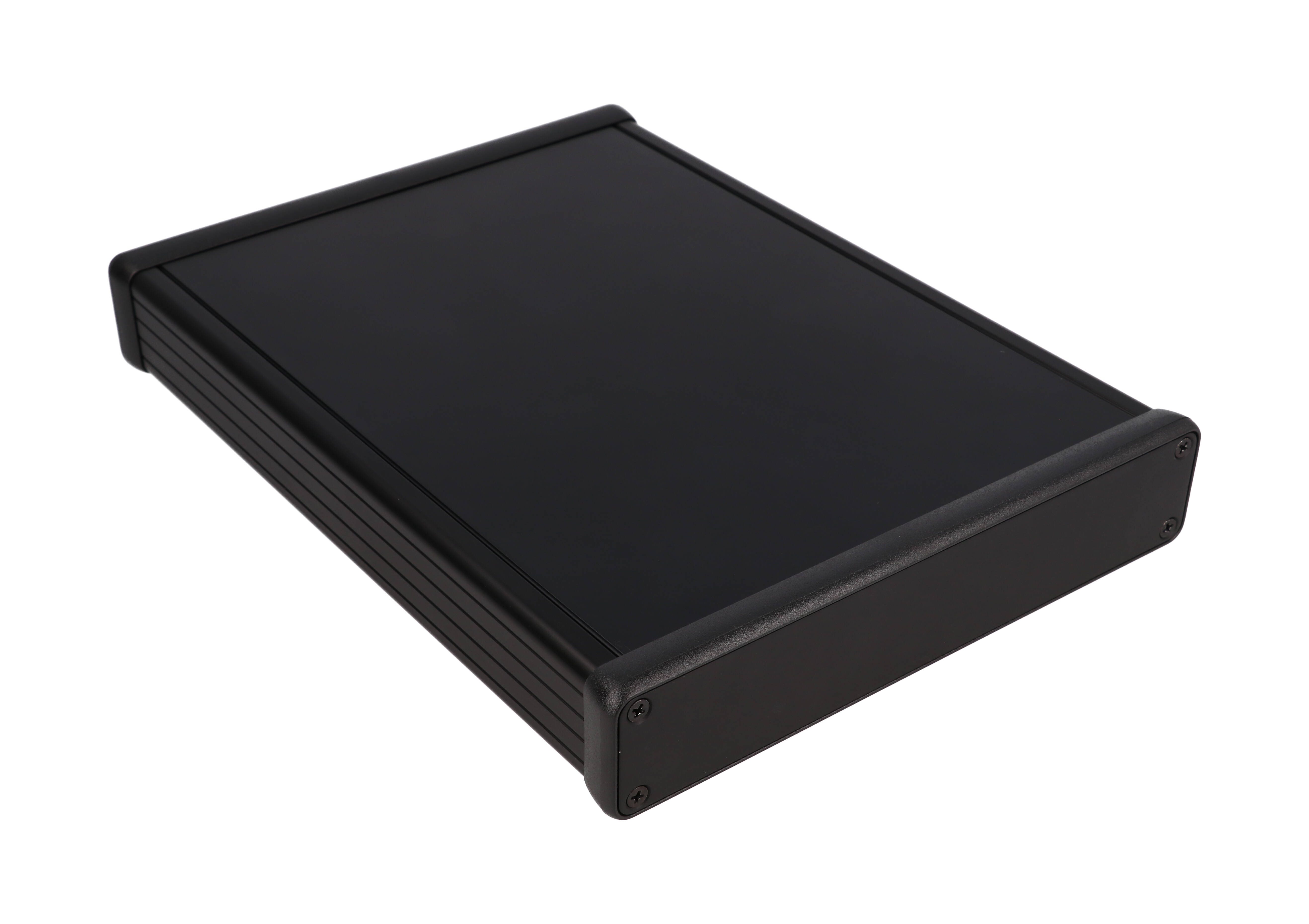 1455R2201BK — black extruded aluminum enclosure w/ metal end panels