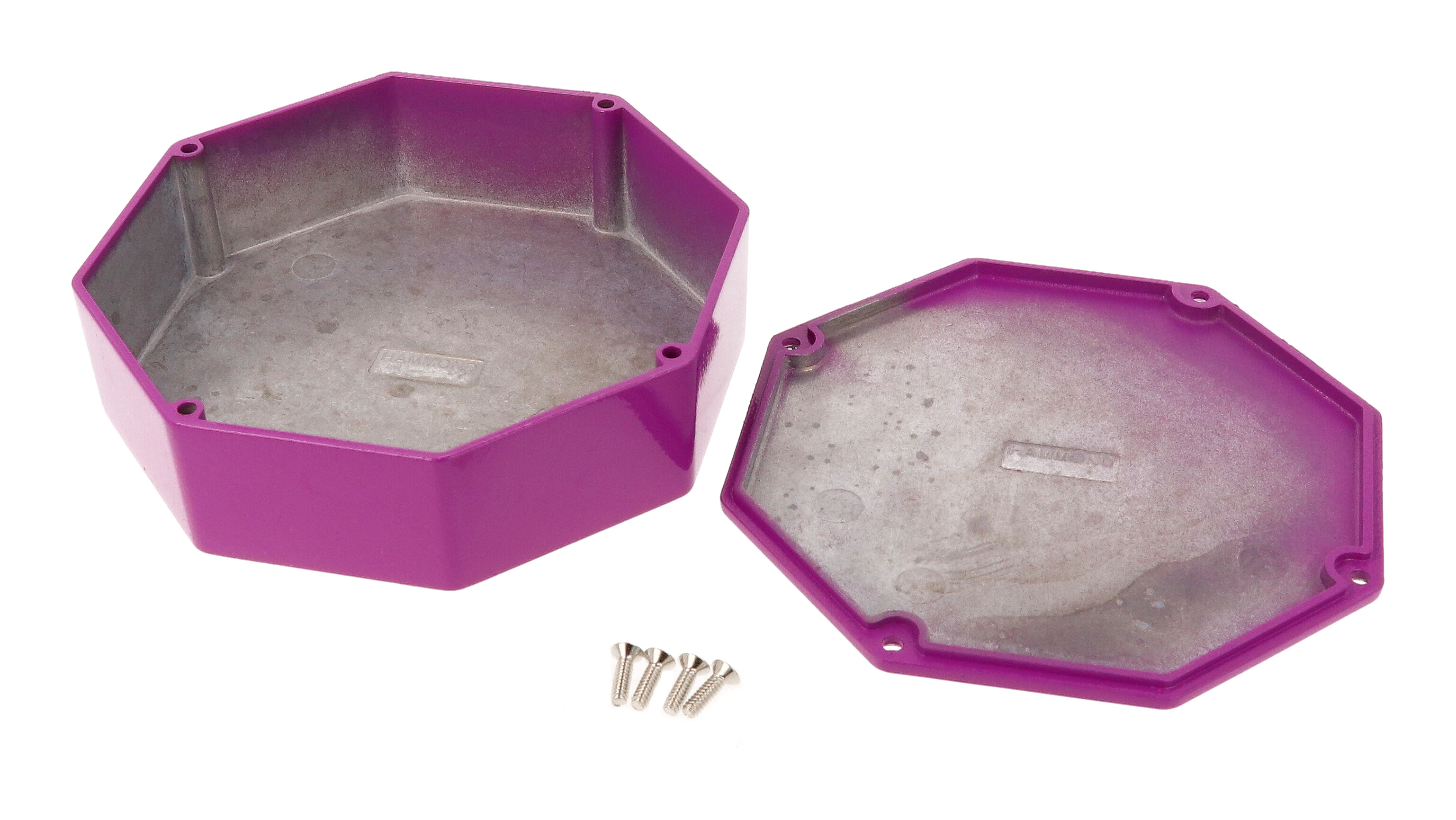 1590STPCPR purple painted diecast aluminum octagon stomp box enclosure with lid and cover screws