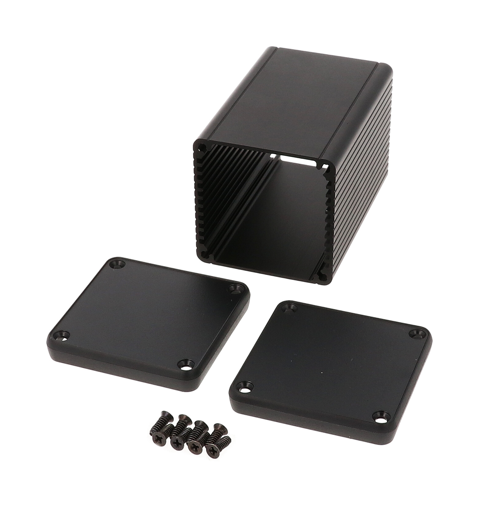 1455CS802BK black anodized square extruded aluminum enclosure, 80 x 54 x 54 mm, with closed black plastic end panels