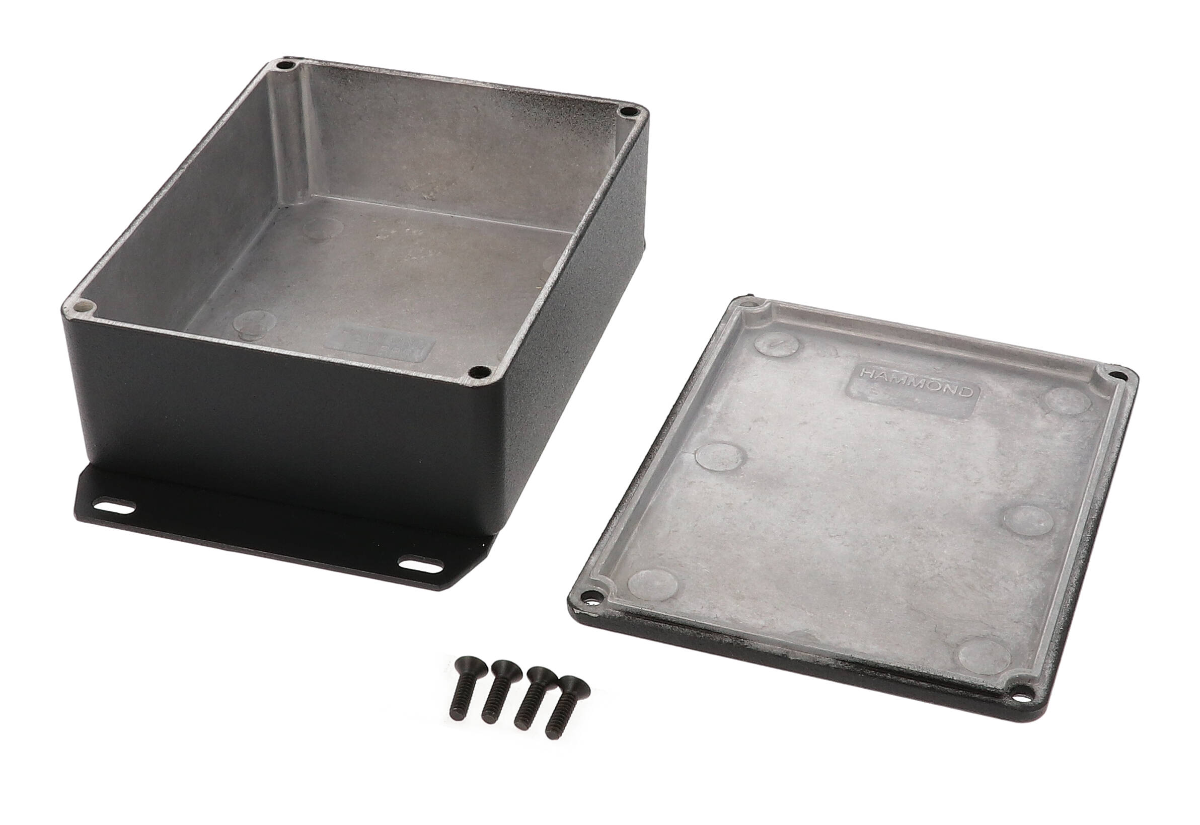 1590BBSFBK black textured diecast aluminum enclosure with welded bottom mounting flange