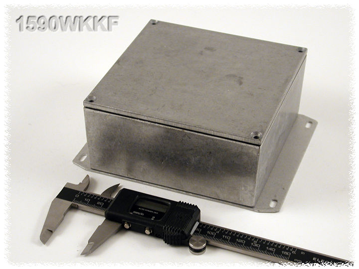 1590WKKF natural aluminum IP65 watertight diecast enclosure, 125 x 125 x 57 mm, with flanged bottom plate