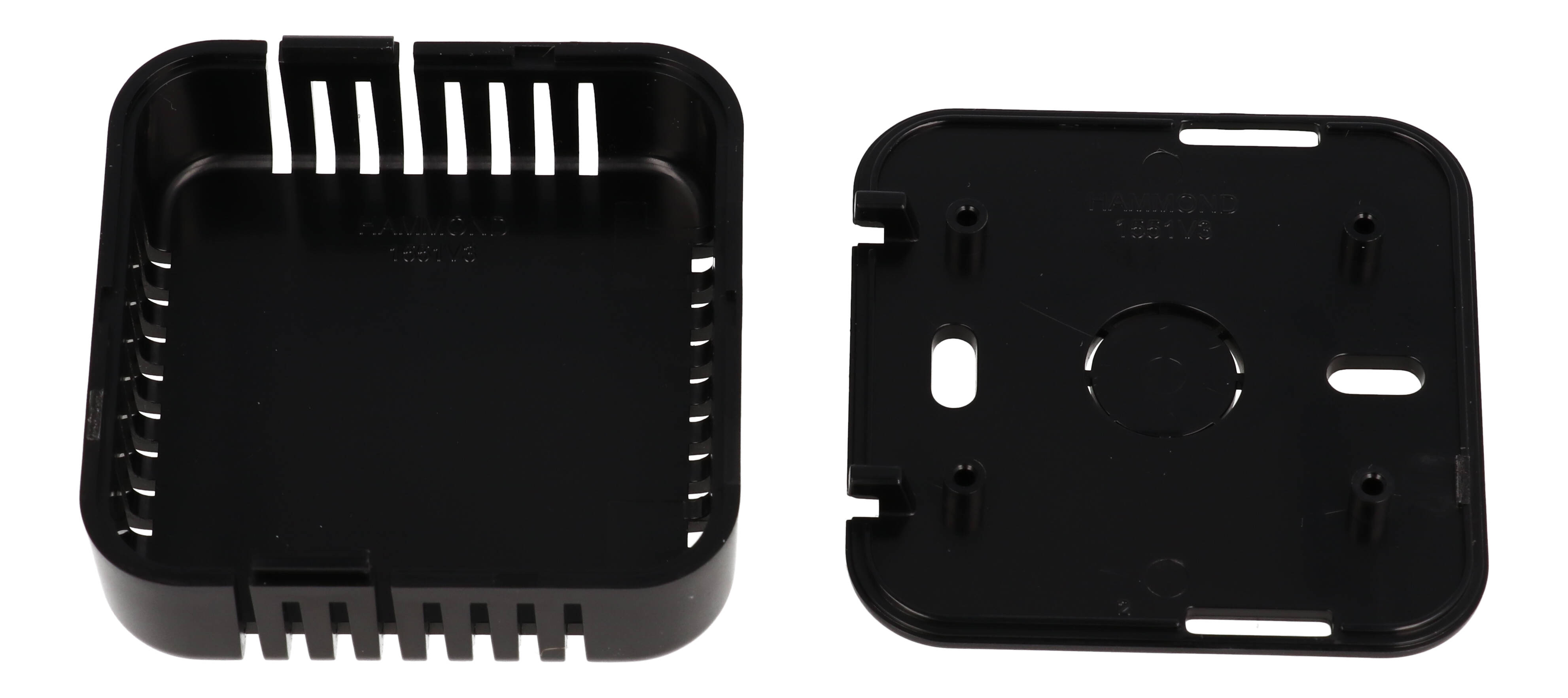 1551V3BK black vented square ABS snap-fit sensor enclosure with wall-mount base