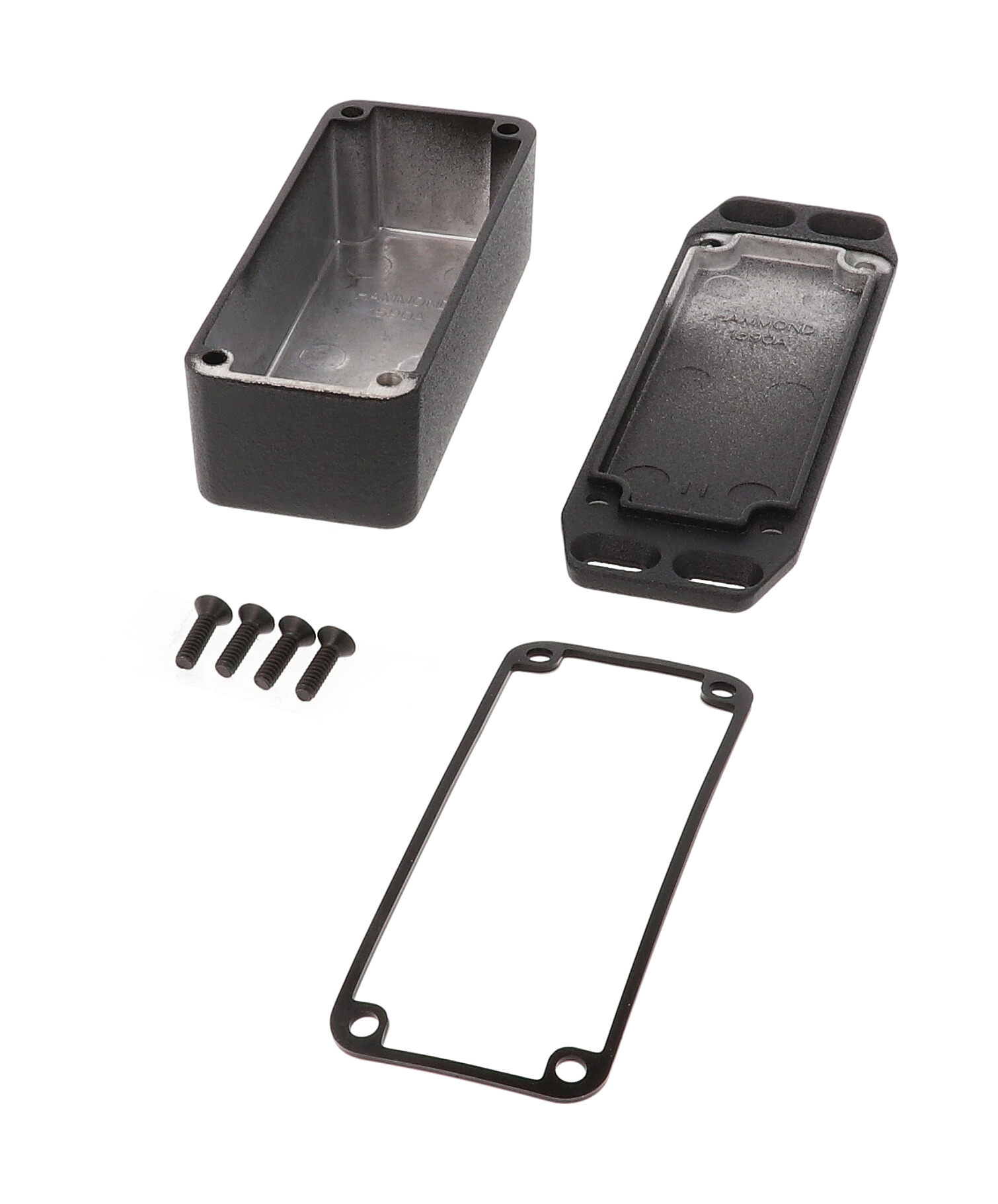 1590WAFLBK black textured IP65 watertight diecast enclosure, 93 x 39 x 31 mm, wall-mounting flanged lid