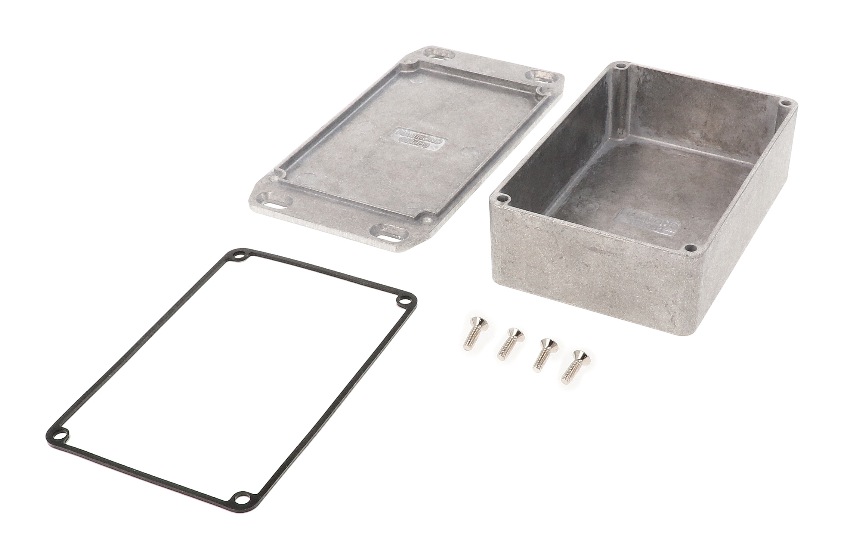 1590WB3F natural aluminum IP65 watertight diecast enclosure, 116 x 77 x 38 mm, welded flanged bottom plate