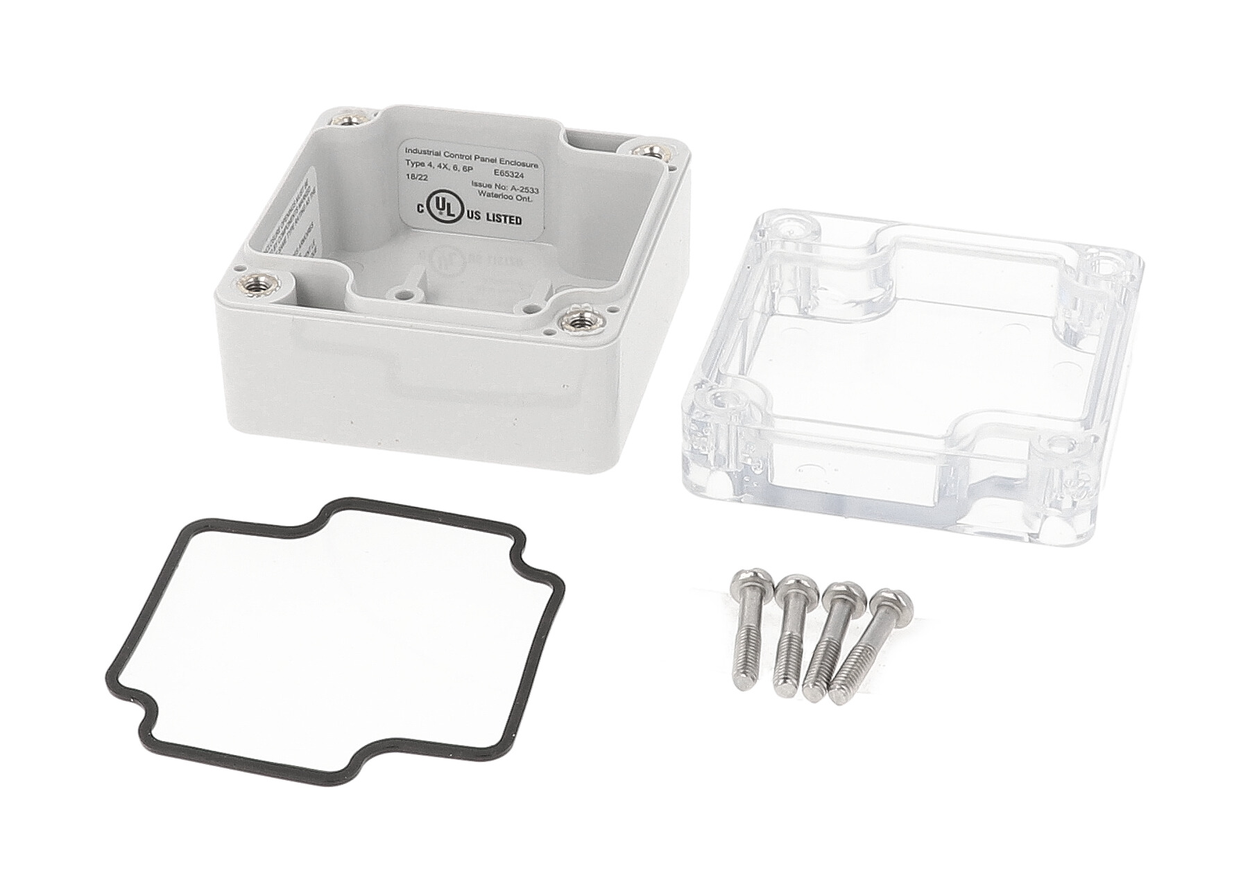 1554B2GYCL polycarbonate enclosure with clear lid, 65 x 65 x 41 mm