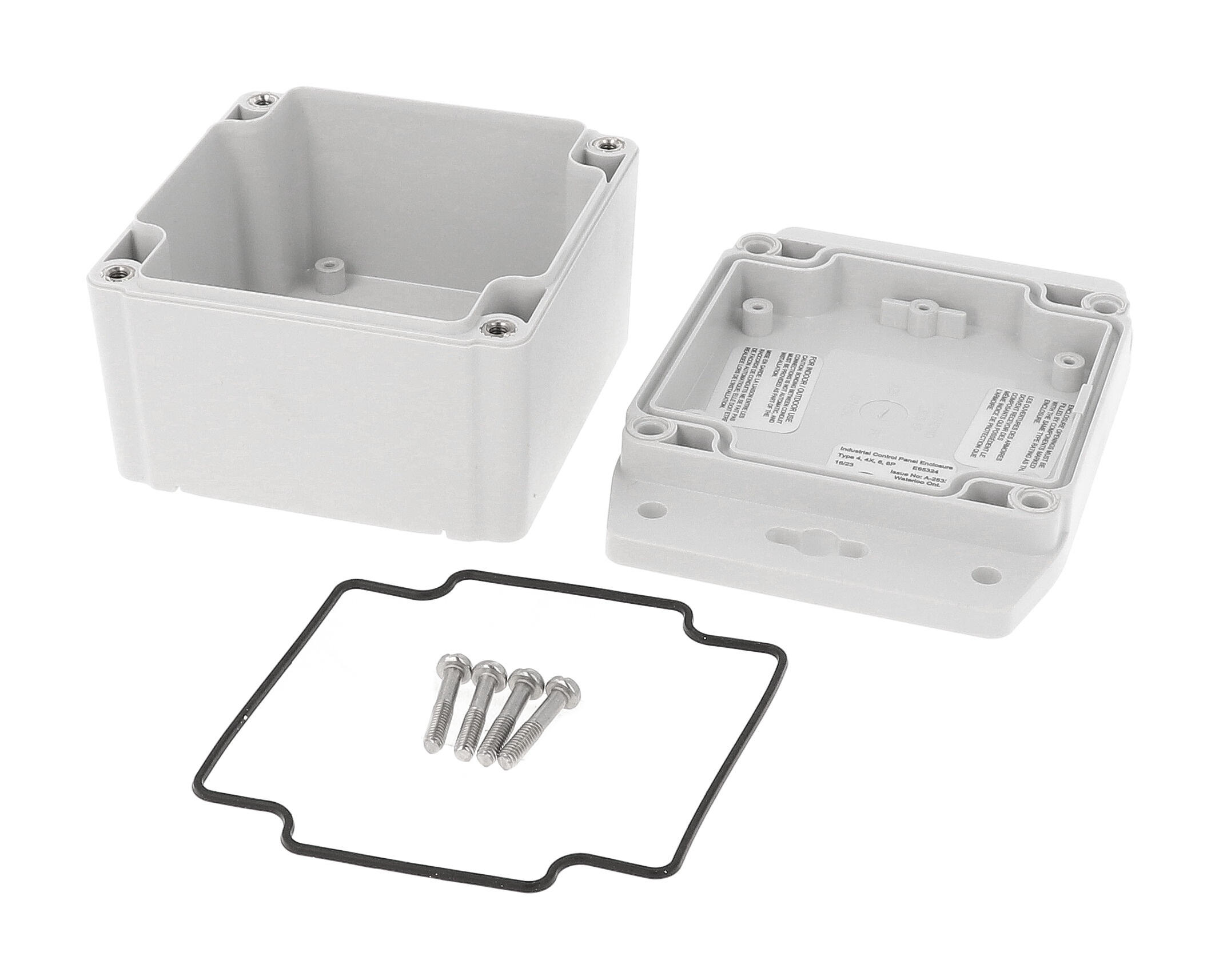 1555E2F42GY grey polycarbonate flanged NEMA 4X enclosure, 90 x 90 x 63 mm