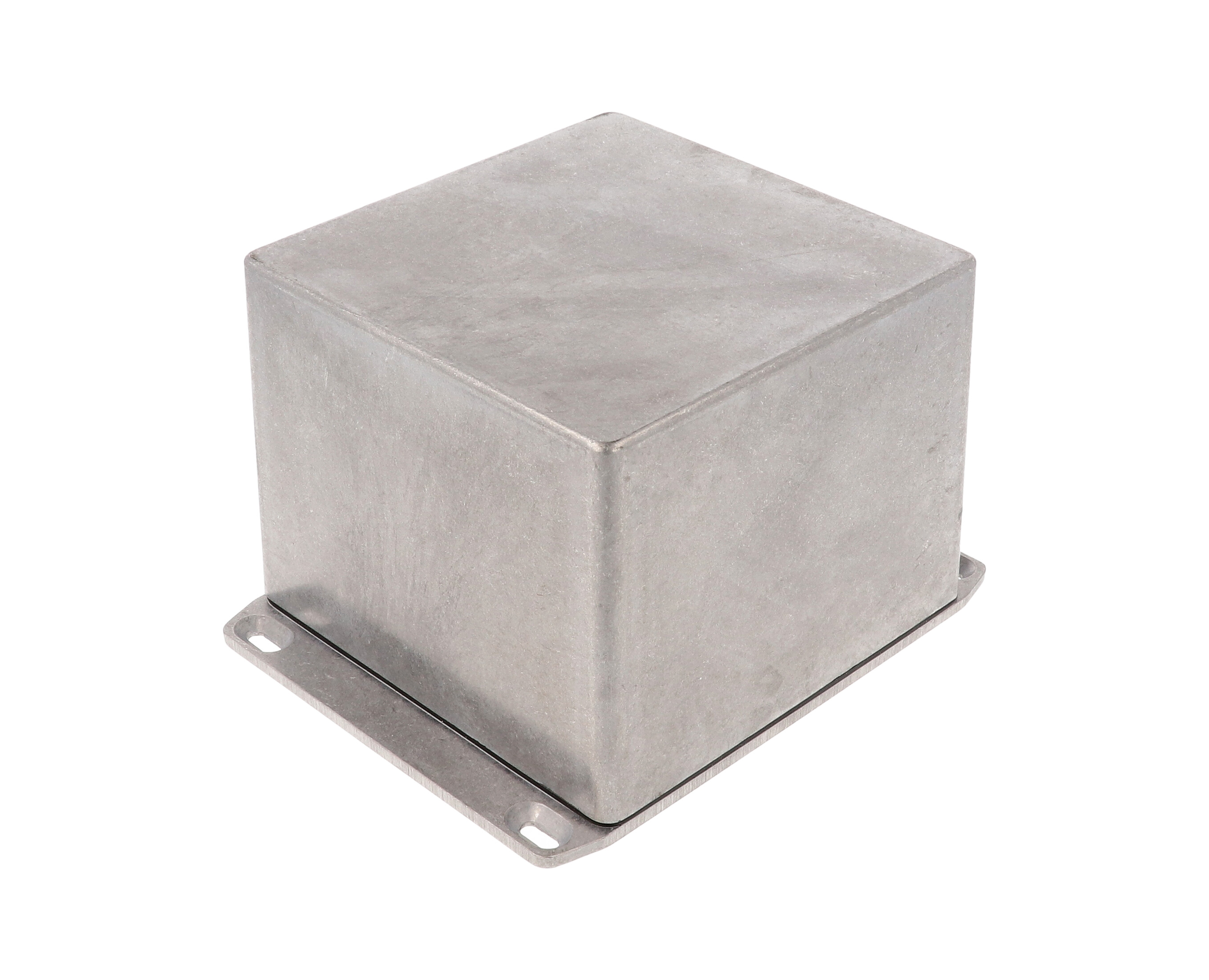 1590WVFL natural aluminum watertight diecast aluminum enclosure with flanged mounting lid, 119 mm x 120 mm x 94 mm