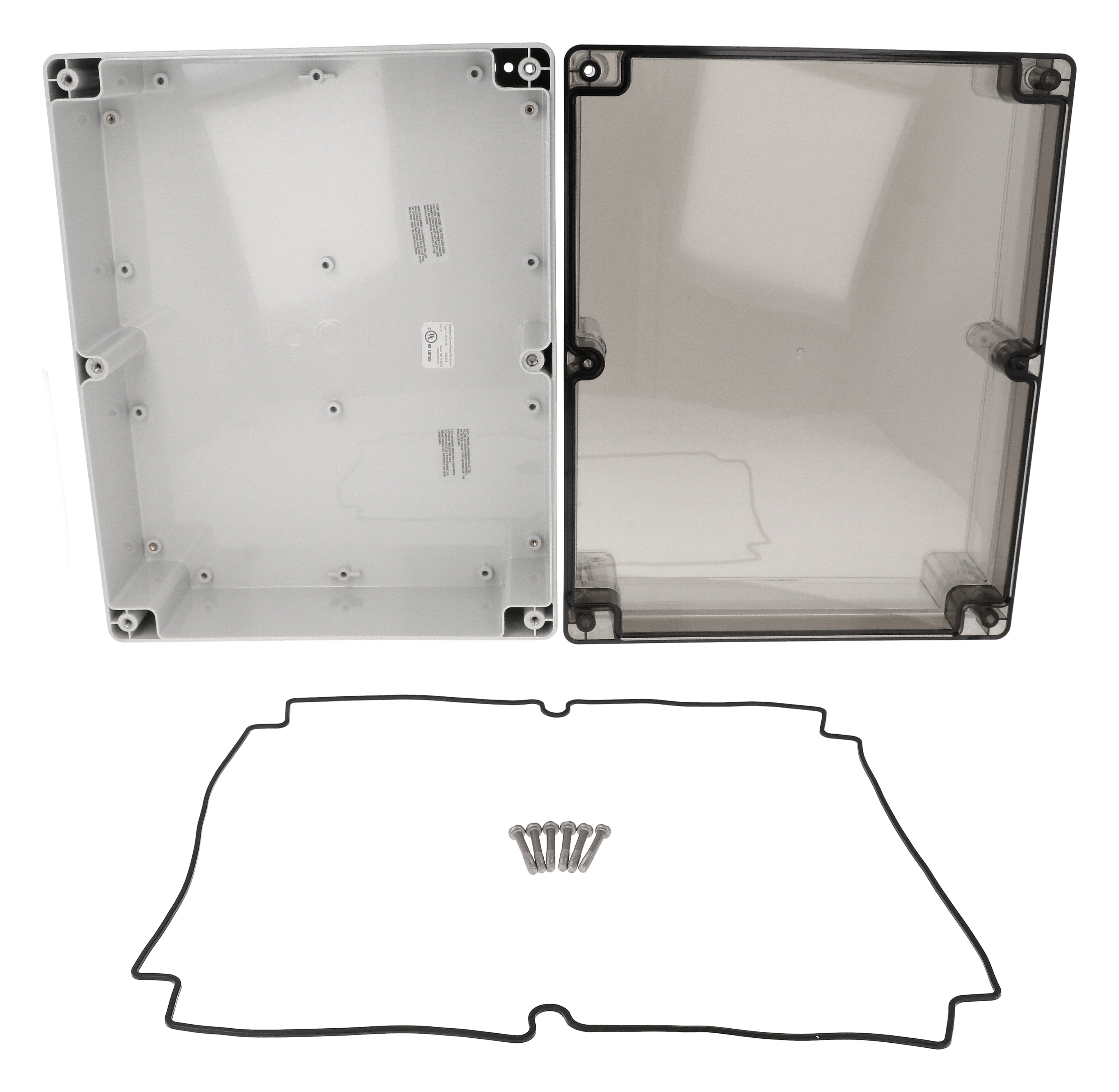 1554Y2GYSL light gray polycarbonate enclosure with smoked lid, 300 x 240 x 95 mm