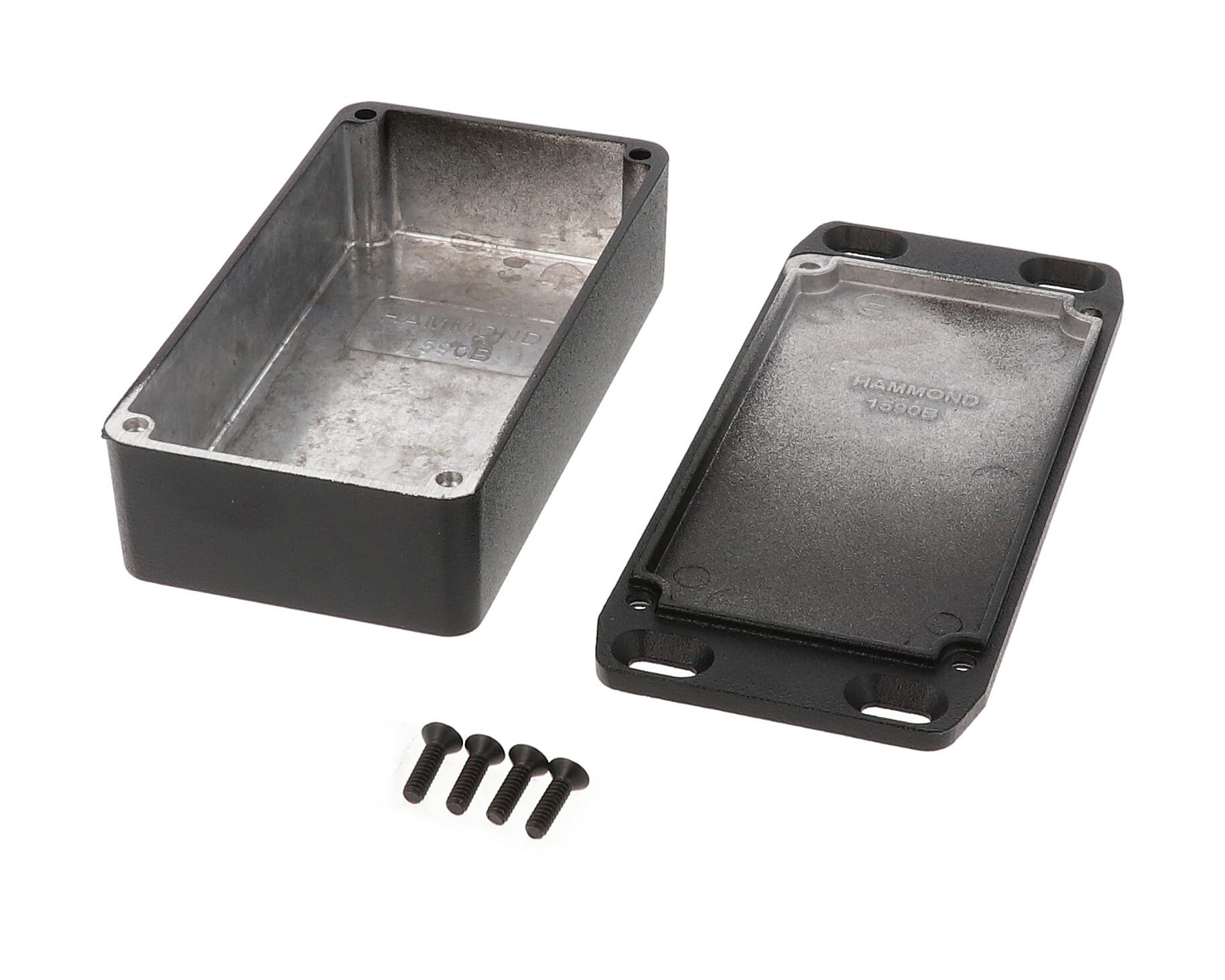 1590BFLBK black textured diecast aluminum enclosure with flanged mounting lid