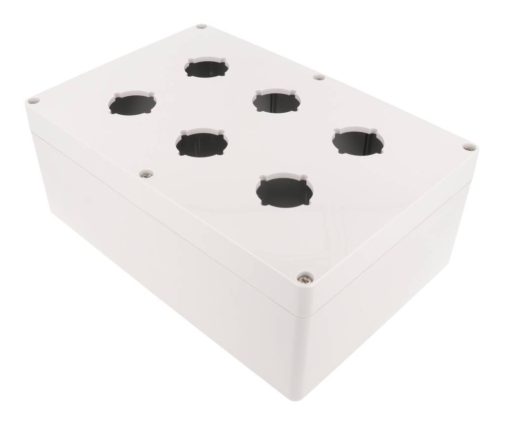 1554PB6A light gray polycarbonate six-hole 30.5mm pushbutton enclosure on the 1554VA body