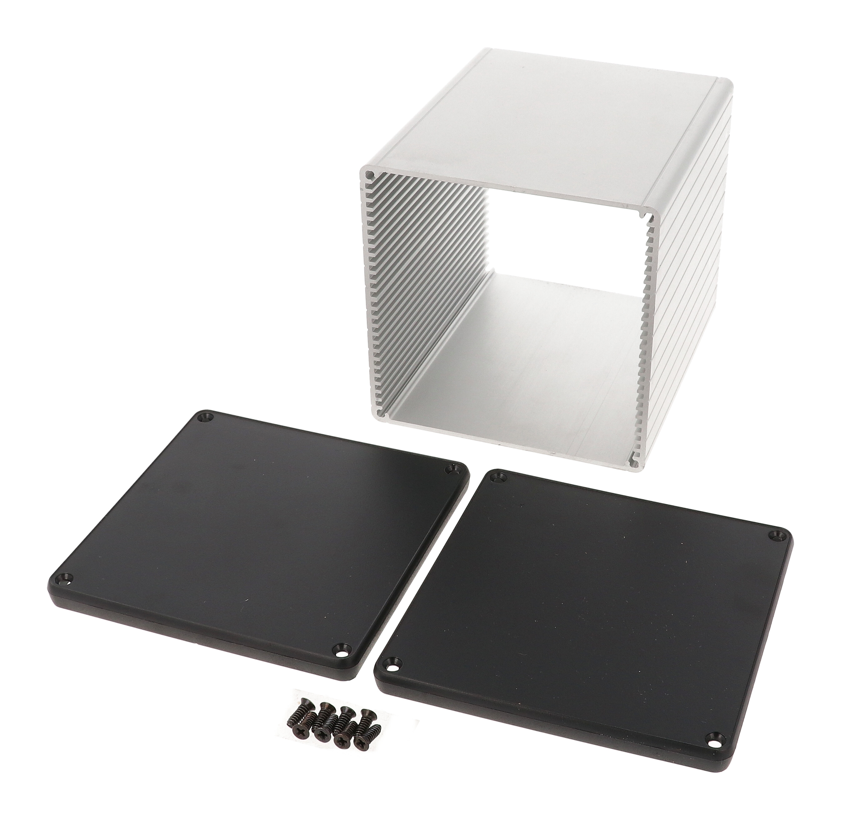1455NS1202 clear anodized square extruded aluminum enclosure, 120 x 103 x 103 mm, with black closed plastic bezels