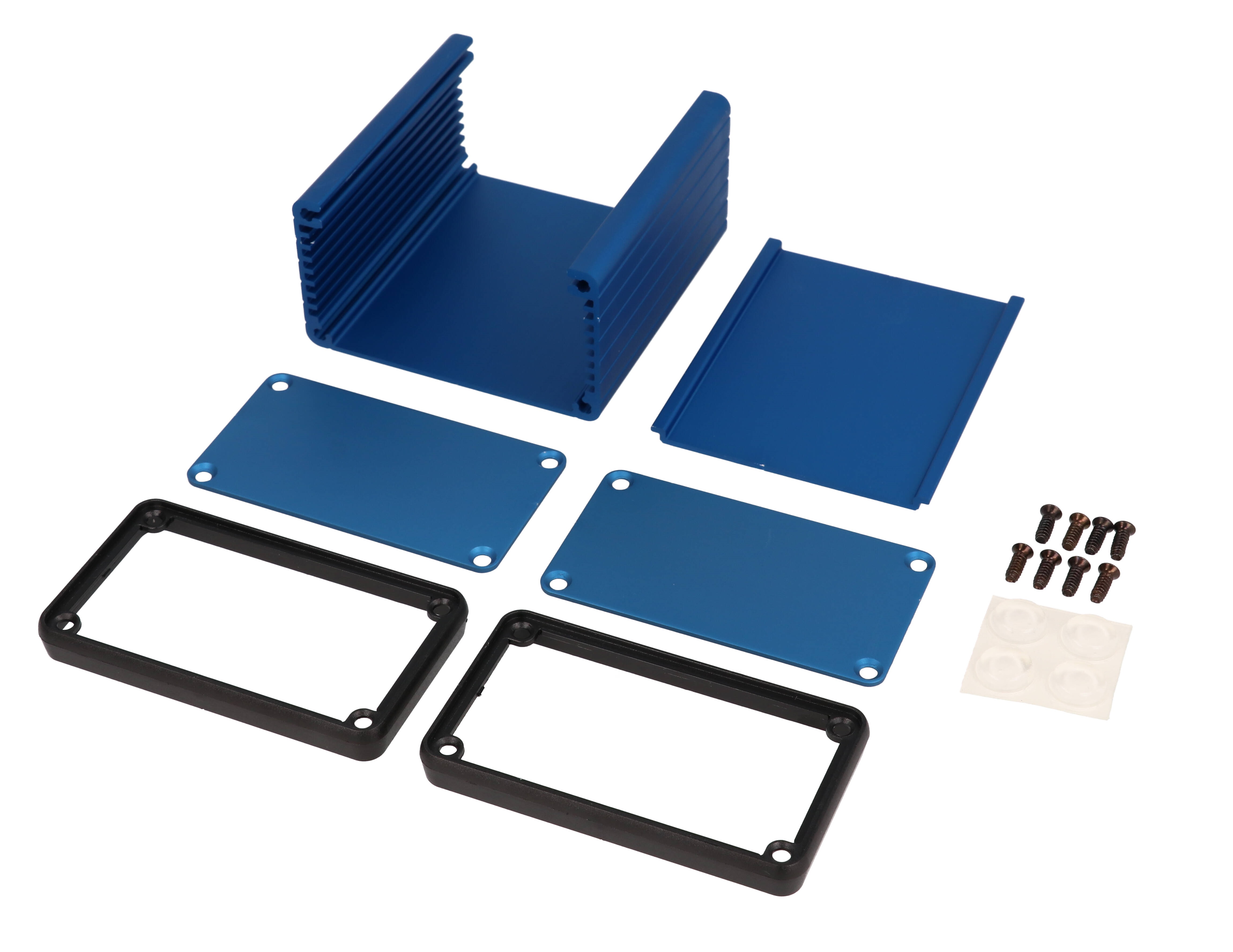 1455K801BU blue anodized extruded aluminum enclosure, 80 x 78 x 43 mm, with metal end panels