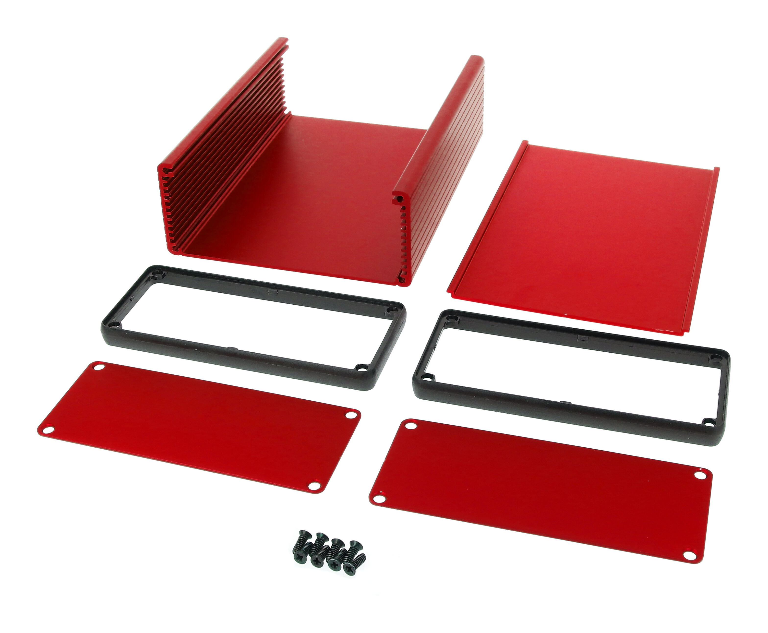 1455Q1601RD red anodized extruded aluminum PC board enclosure 160 x 125 x 51.5 mm with aluminum end panels and open bezels