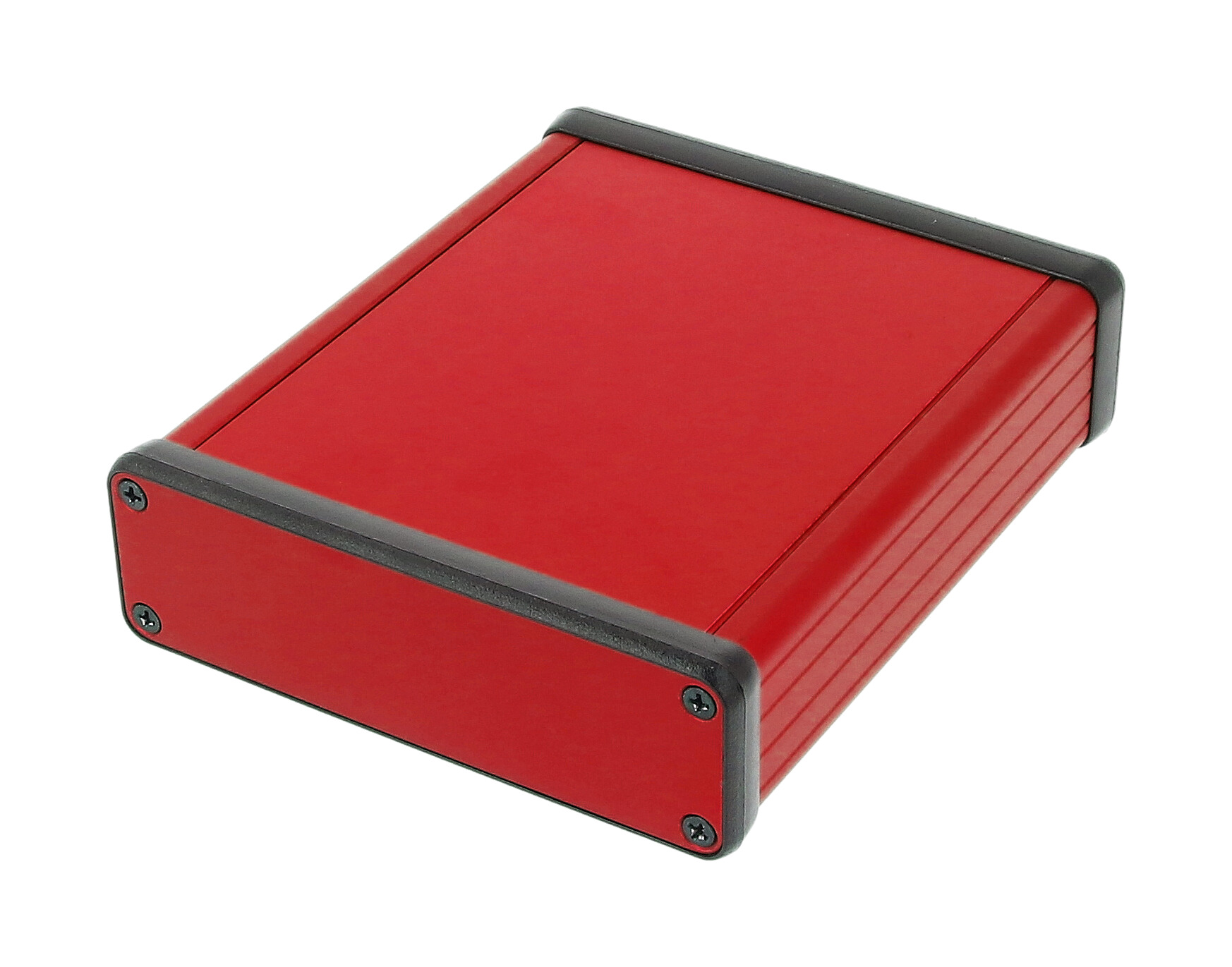 1455L1201RD red anodized extruded aluminum PC board enclosure, 120 x 103 x 30.5 mm, with aluminum end panels and black bezels