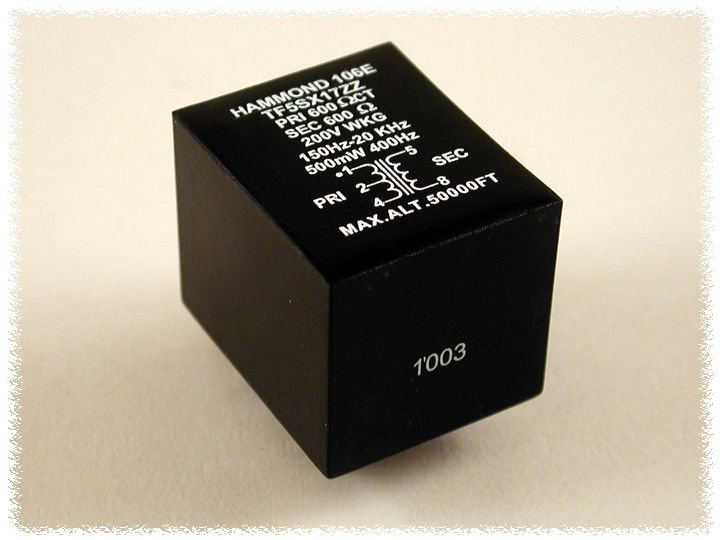 106E miniature black epoxy-potted PCB input audio transformer, 600 ohm CT to 600 ohm — view 4