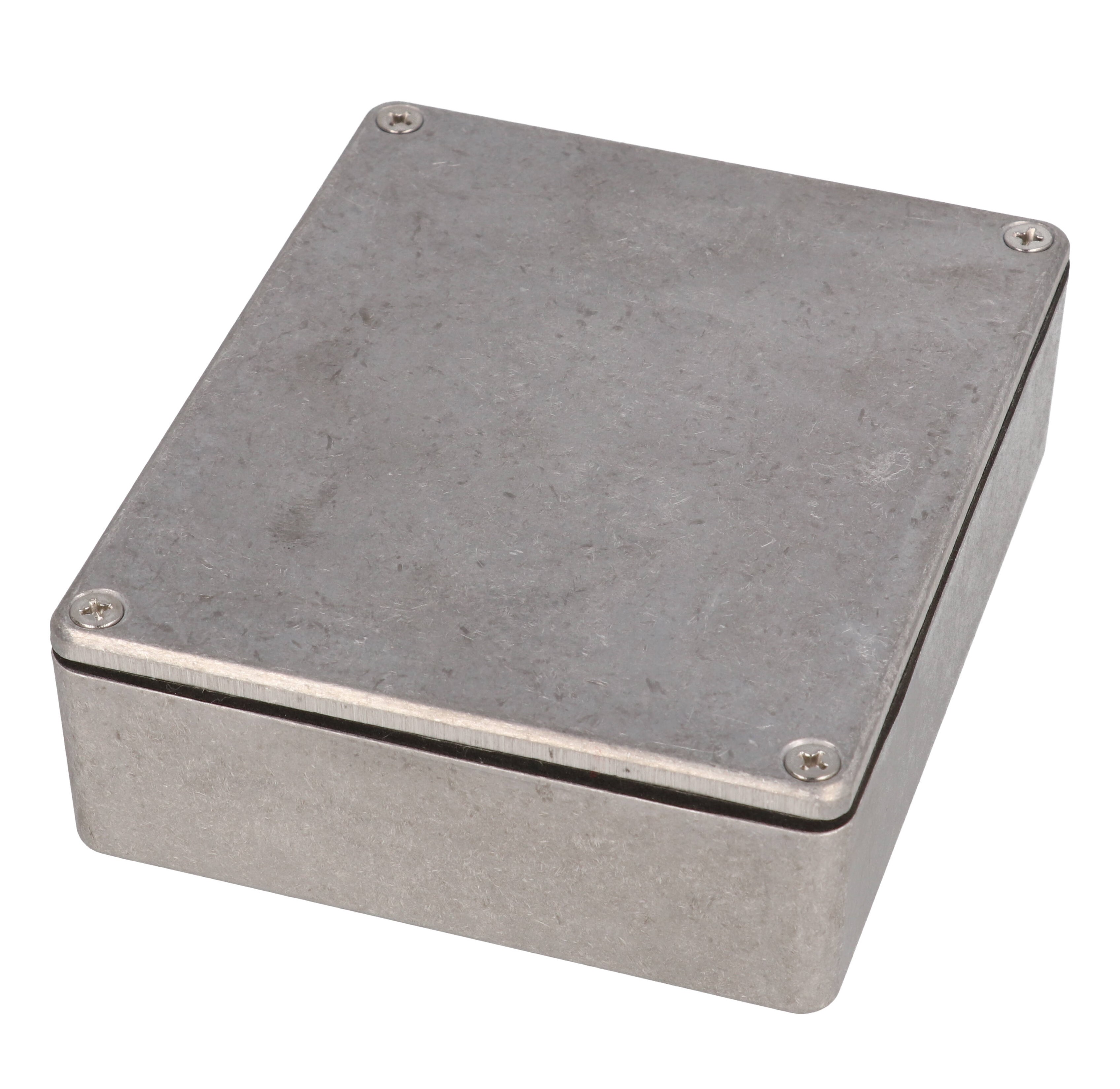 1550WM natural aluminum diecast enclosure with screw-down lid and IP66 gasket, 120 x 100 x 31 mm