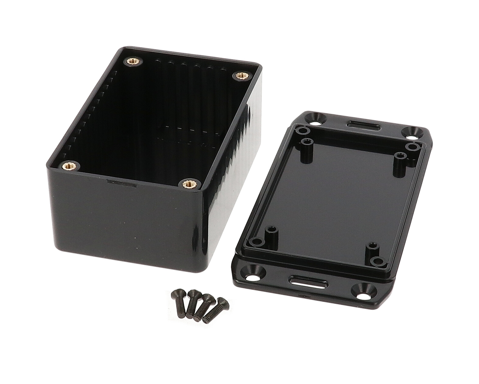 1591LFLBK black ABS plastic enclosure with flanged mounting lid