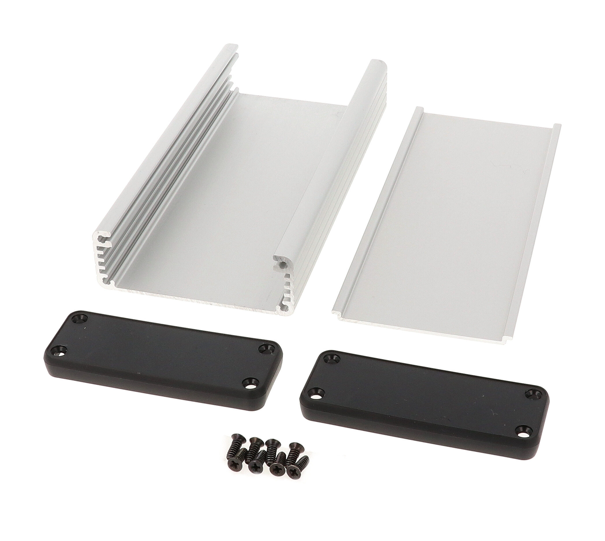 1455J1602 clear anodized extruded aluminum enclosure, 160 x 78 x 27 mm, with black plastic end panels