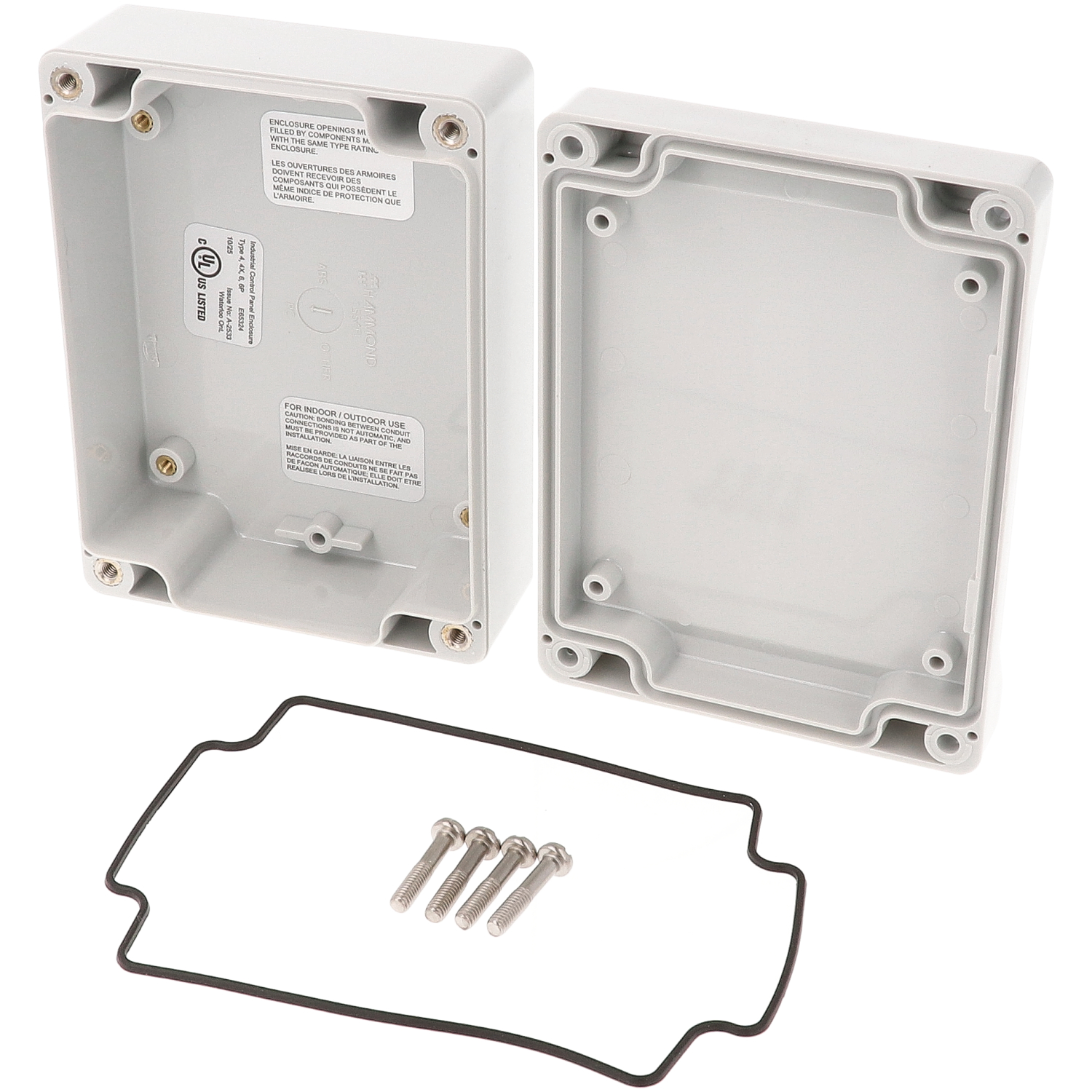1555FL2GY light gray low-profile polycarbonate NEMA 4X enclosure, 120 x 90 x 45 mm