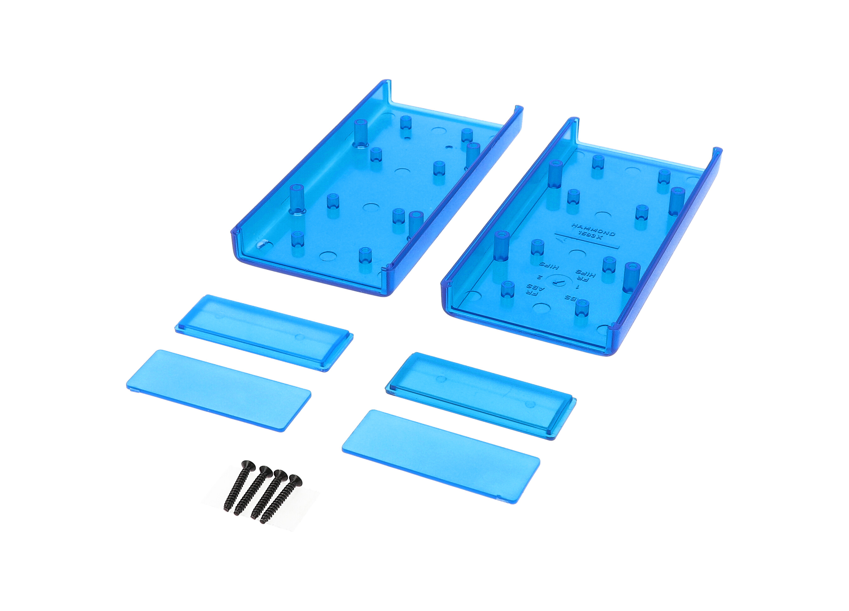 1593XTBU transparent blue ABS double-ended hand held enclosure, 140 x 66 x 28 mm, with end panels