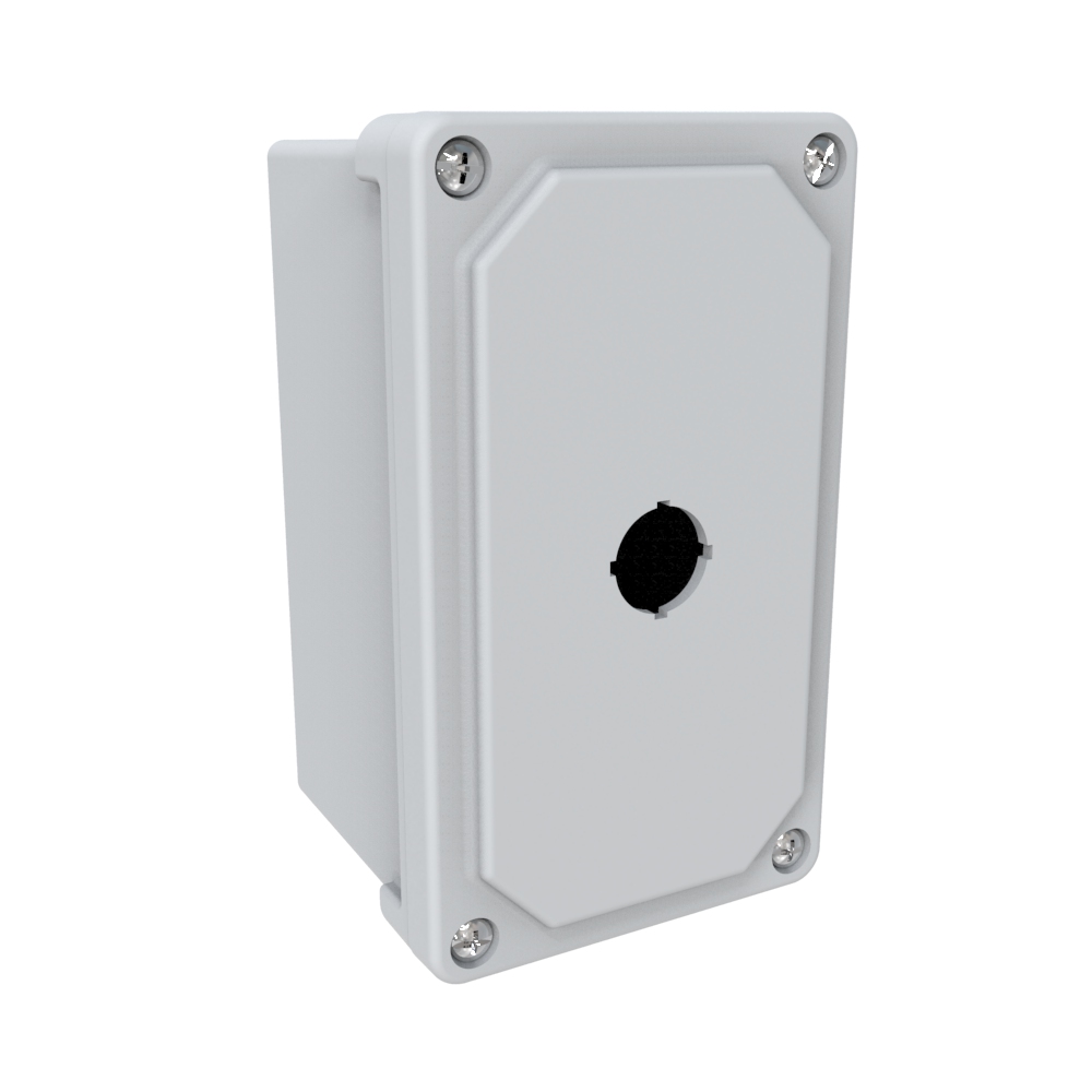 PJ744P221 — N4X Wallmount Encl - 7x4x4 1 Hole Pbutton 22MM - Fiberglass