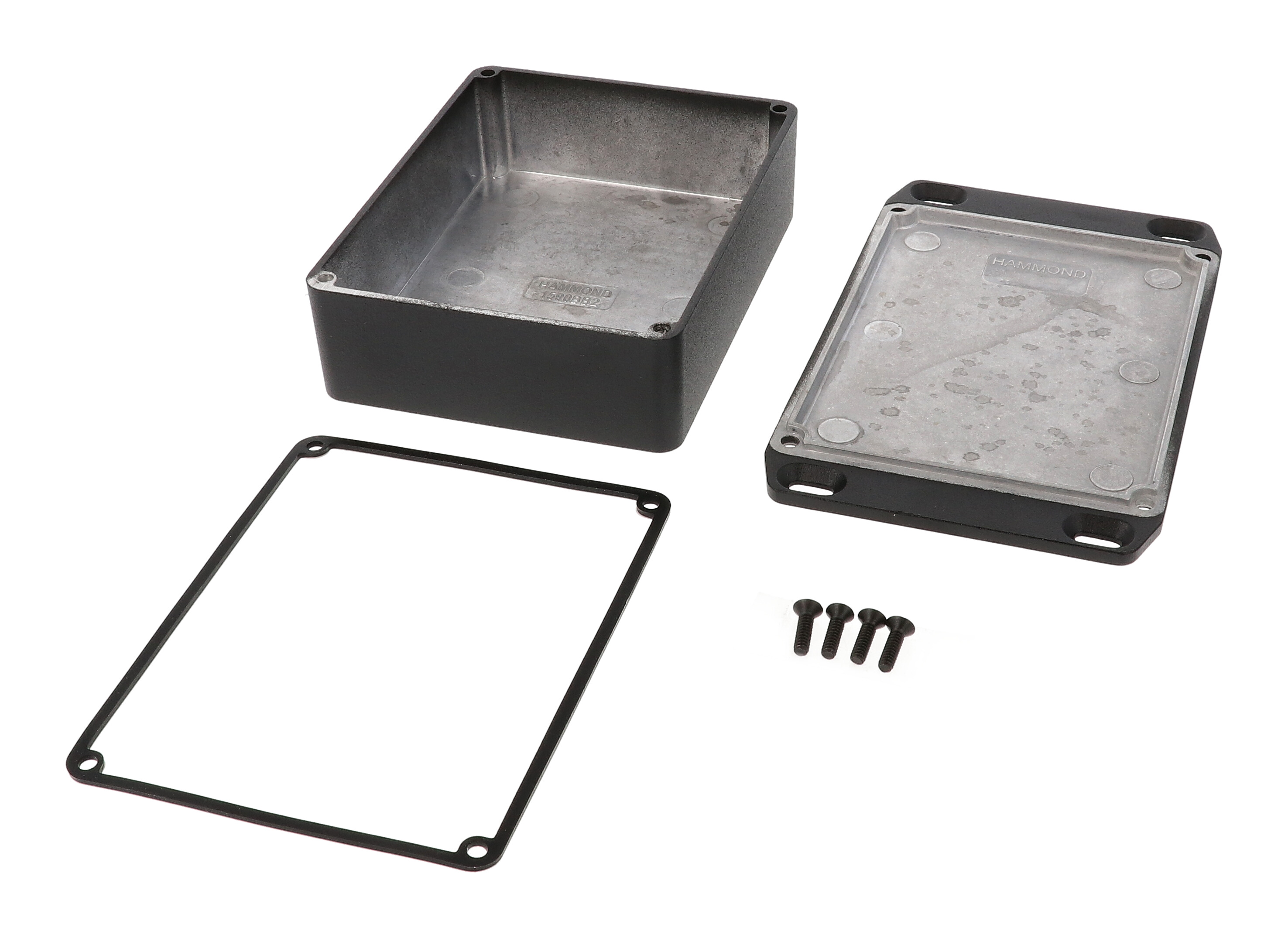 1590WBB2FLBK black textured water-tight diecast aluminum enclosure with flanged mounting lid