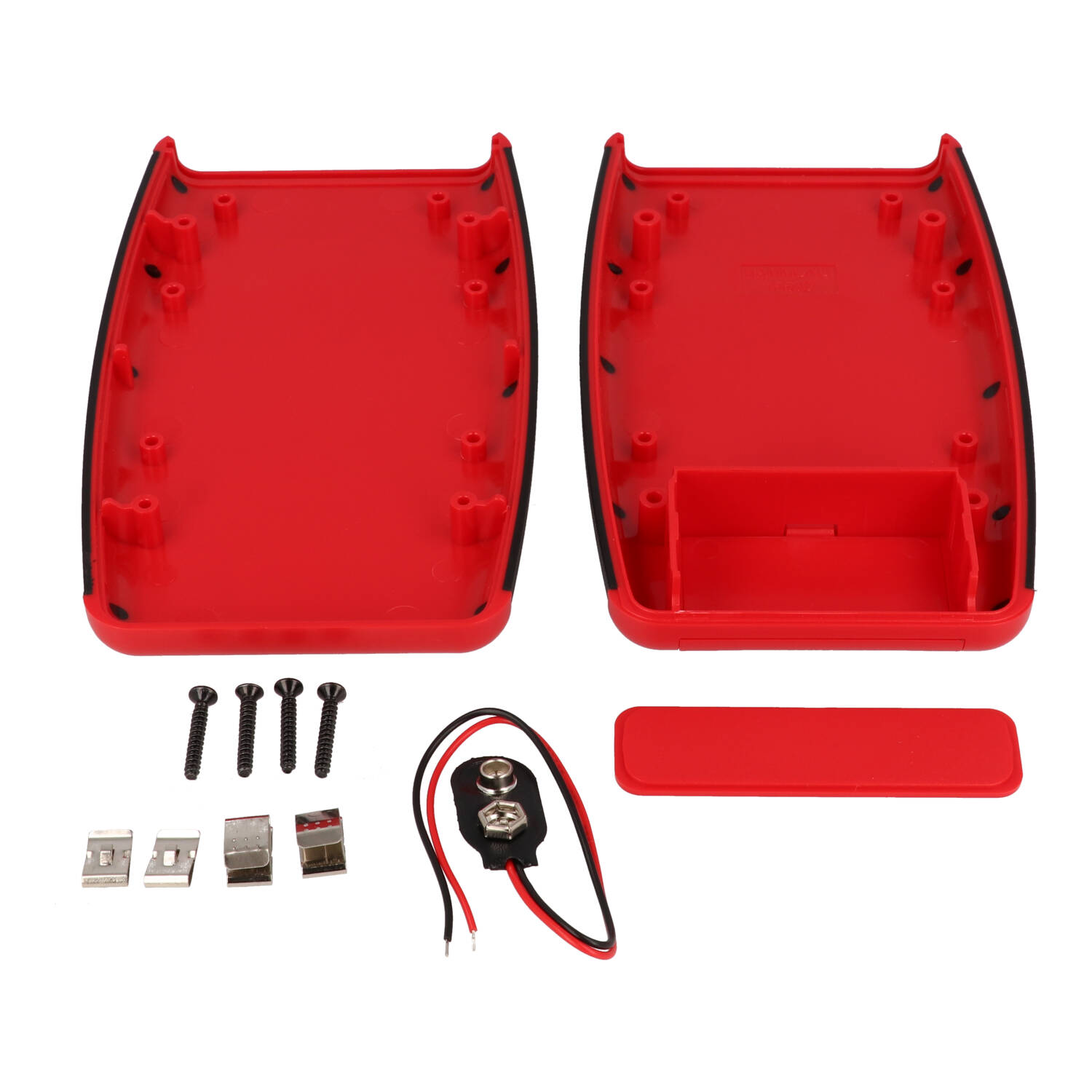 1553DRDBKBAT red handheld enclosure with black overmold and battery door