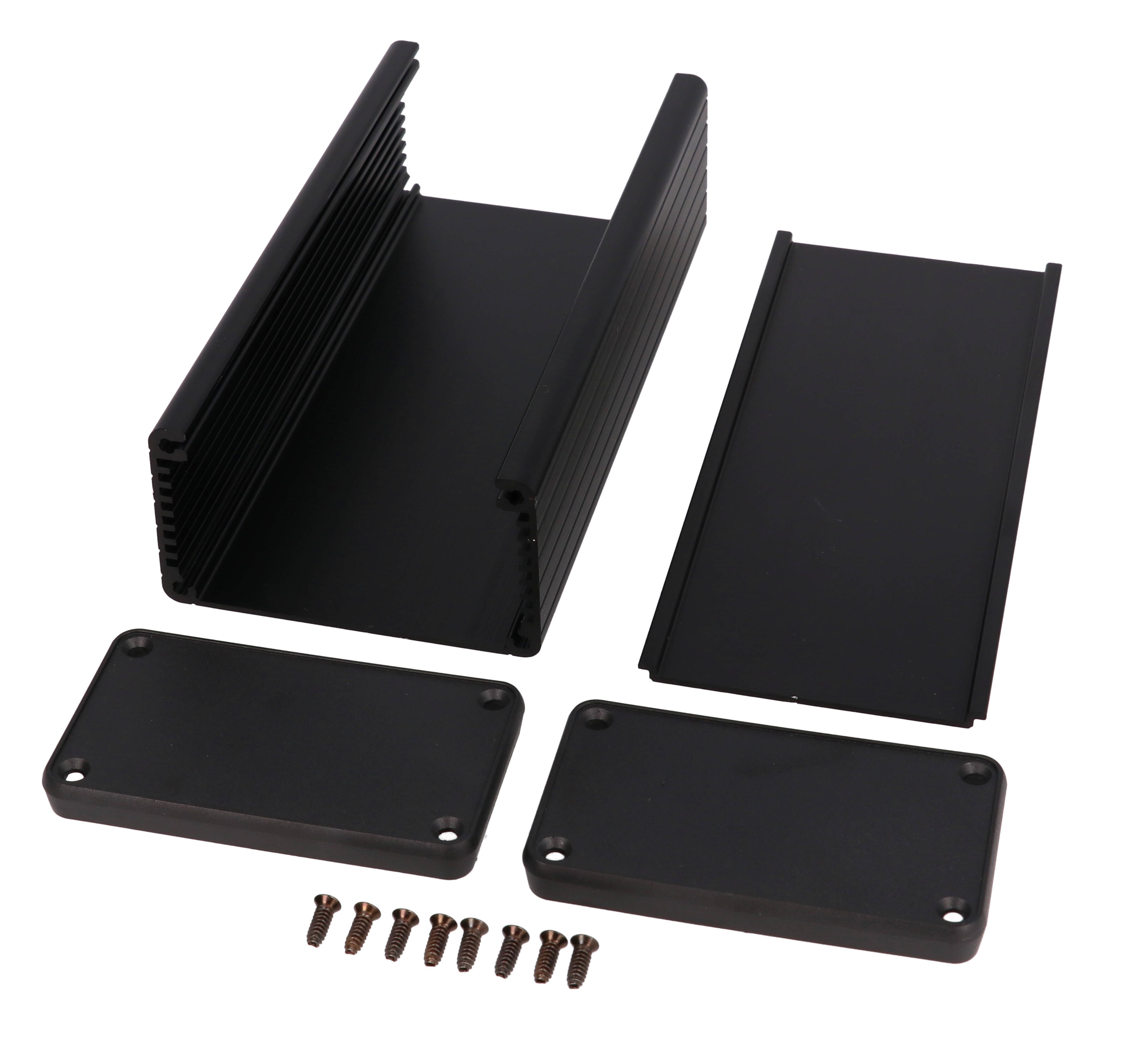 1455K1602BK black anodized 160 x 78 x 43 mm extruded aluminum enclosure with plastic end panels