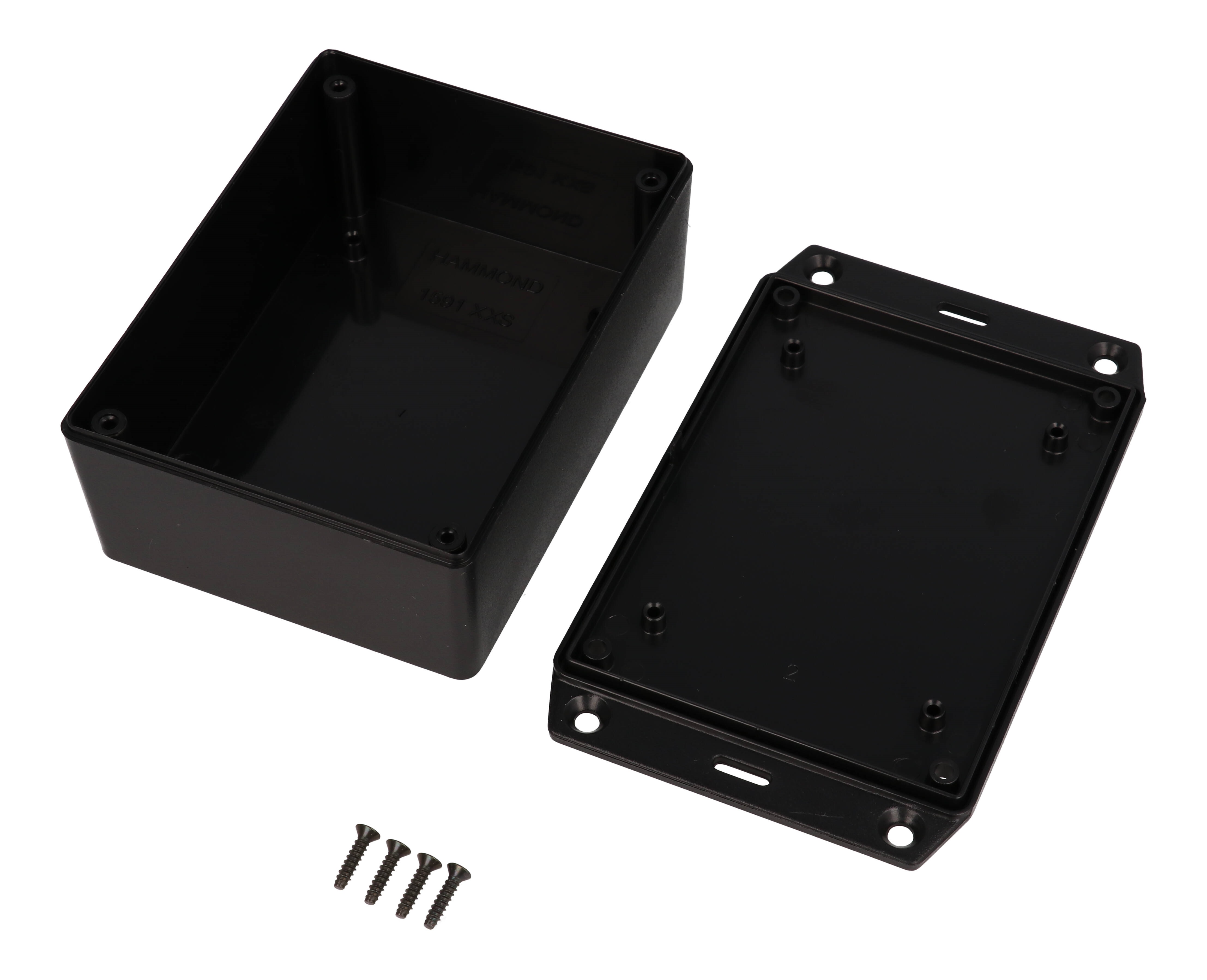 1591XXSSFLBK black ABS plastic flanged-lid enclosure with PC board standoffs, 113 x 85 x 44 mm