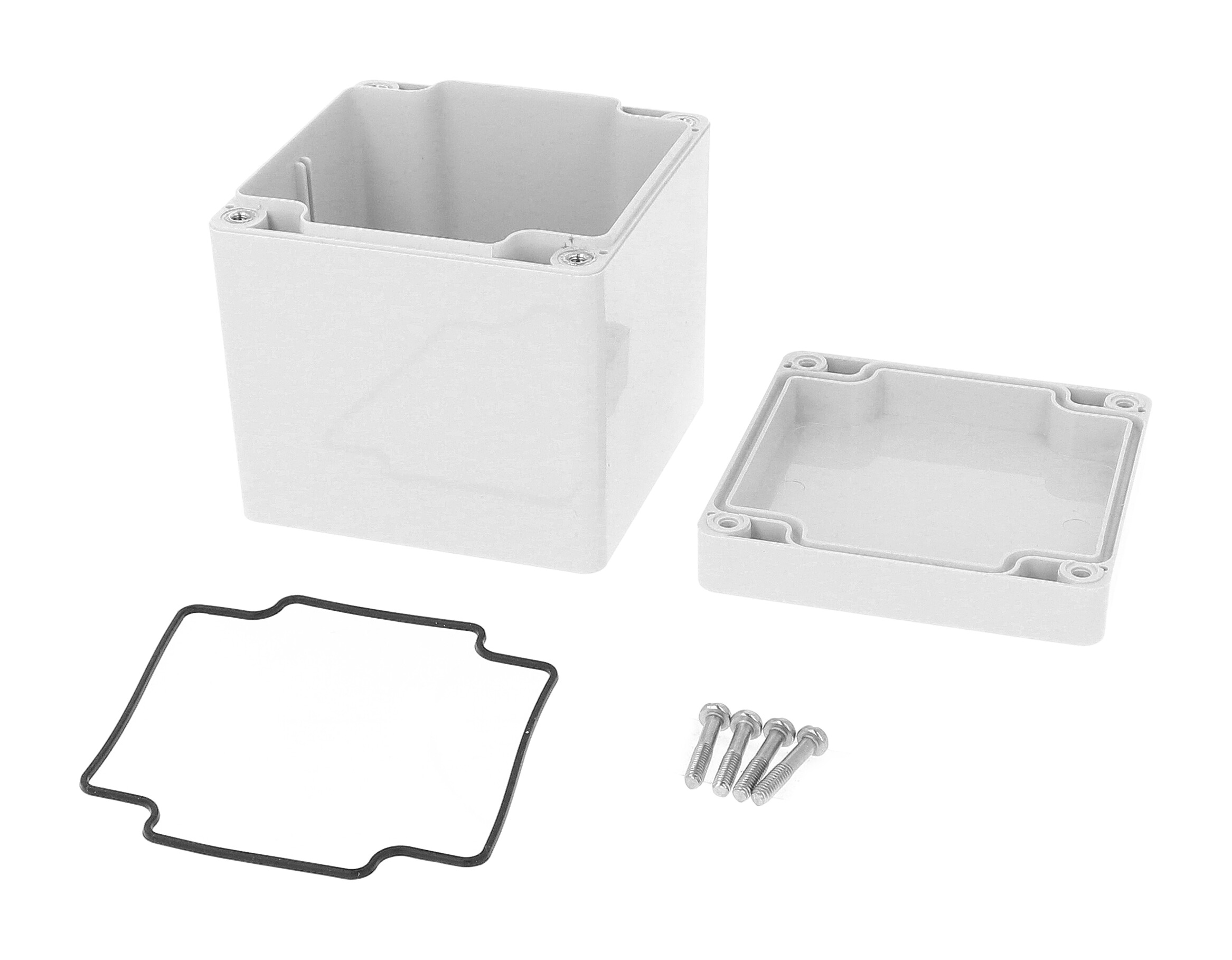 1554EE2GY tall square light gray polycarbonate NEMA 4X enclosure, 90 x 90 x 91 mm