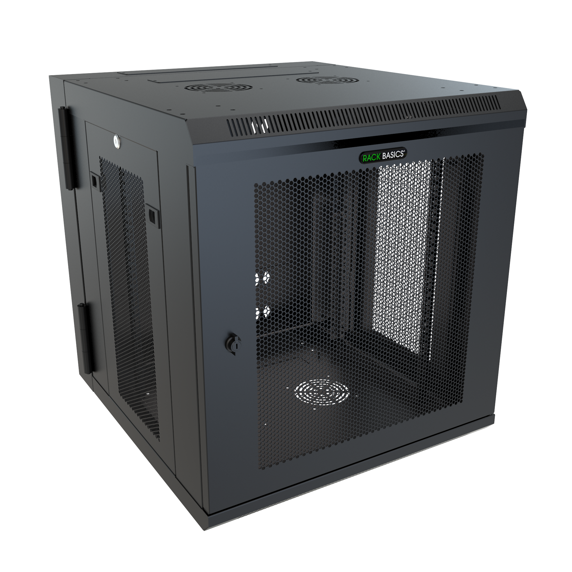 RB-SW18DV 18U swing-out wall-mount rack cabinet in black textured steel with vented locking front door — view 4