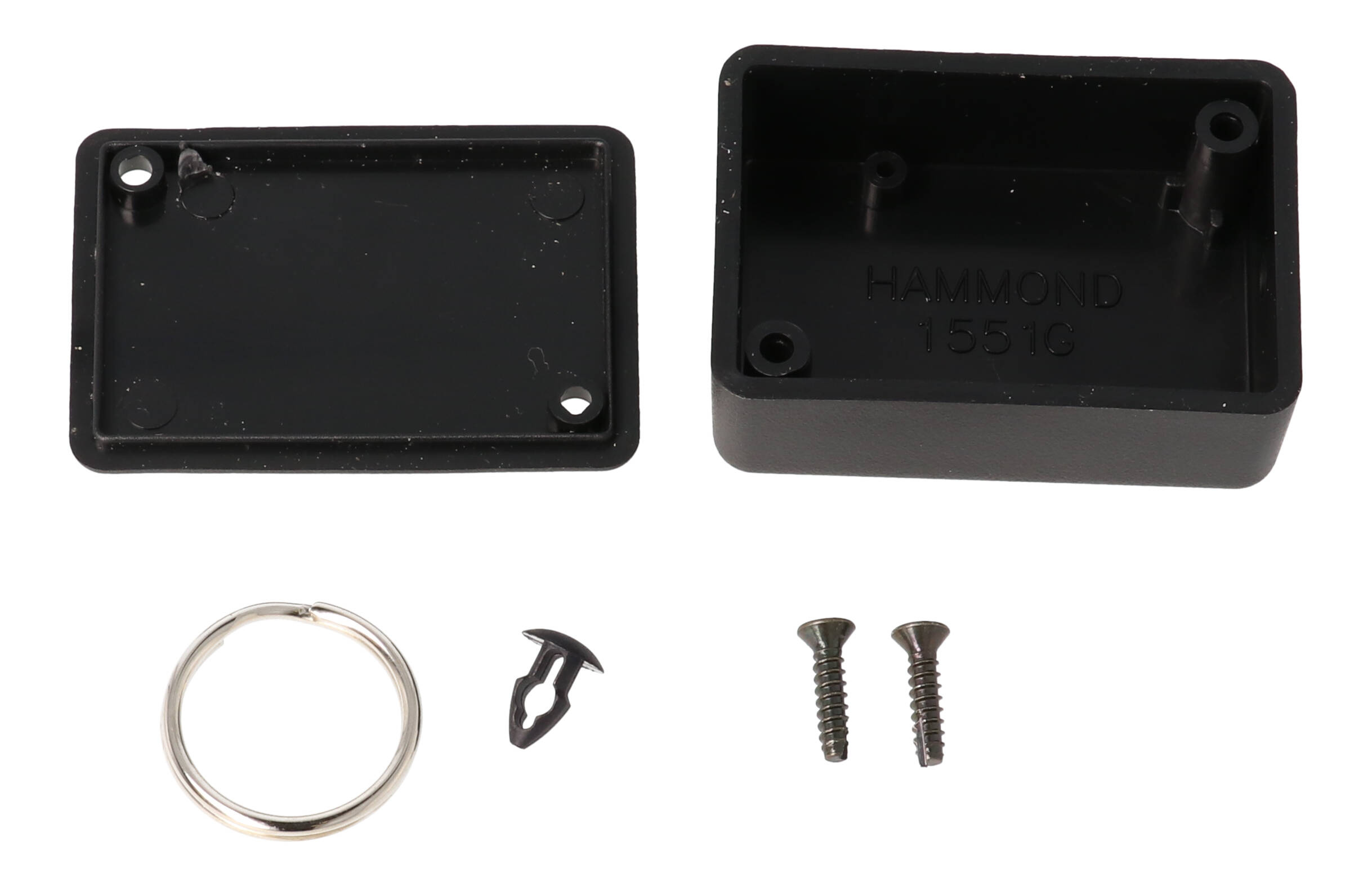 Hammond 1551GRBK black ABS plastic enclosure with key ring, 50 x 35 x 20 mm