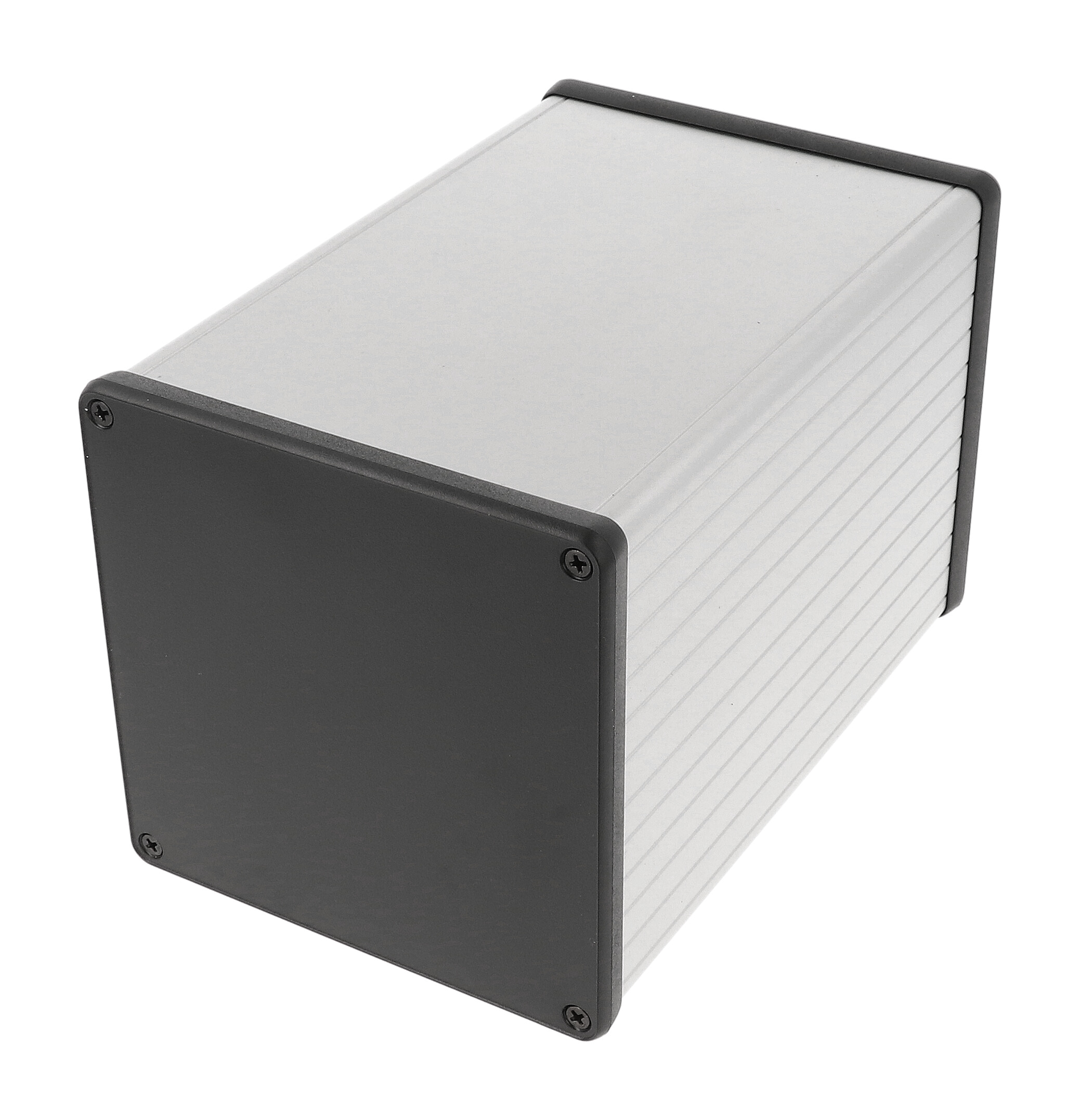 1455NS1602 clear anodized square extruded aluminum enclosure, 160 x 103 x 103 mm, with black closed plastic bezels