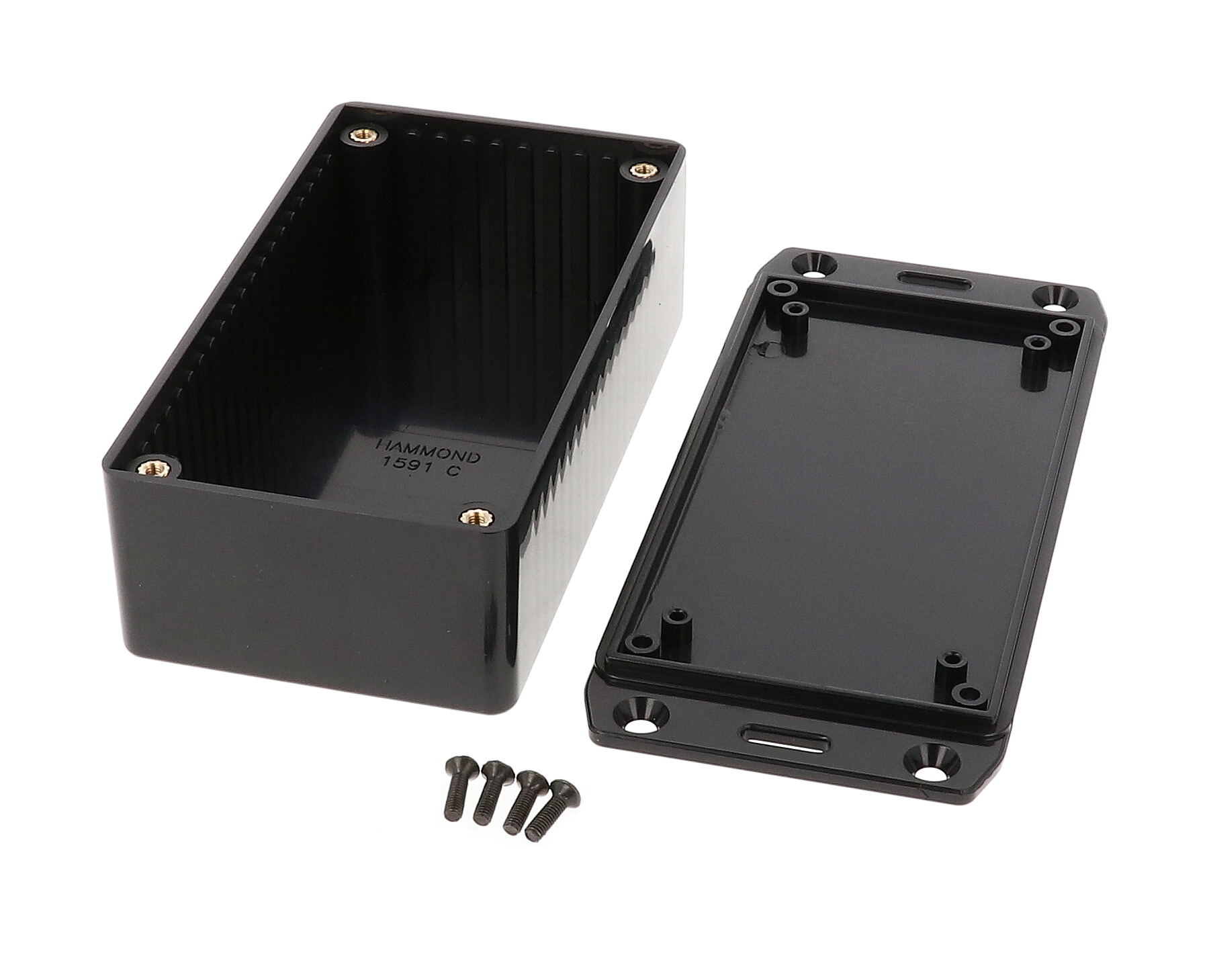 1591CFLBK black flame retardant ABS enclosure with flanged mounting lid