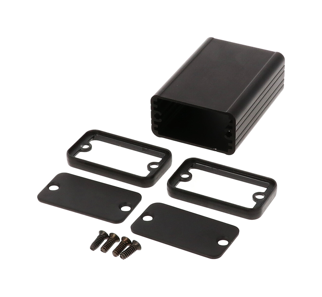 1455D601BK black anodized extruded aluminum enclosure, 60 x 45 x 25 mm, with aluminum end panels and black open bezels