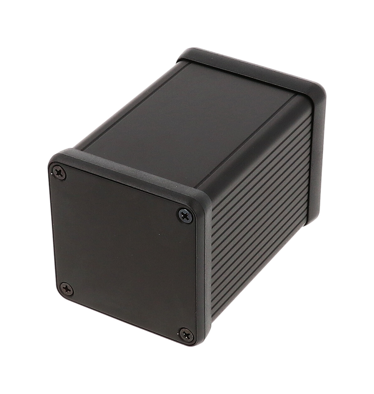 1455CS801BK black anodized square extruded aluminum enclosure, 80 x 54 x 54 mm, with aluminum end panels and black open bezels