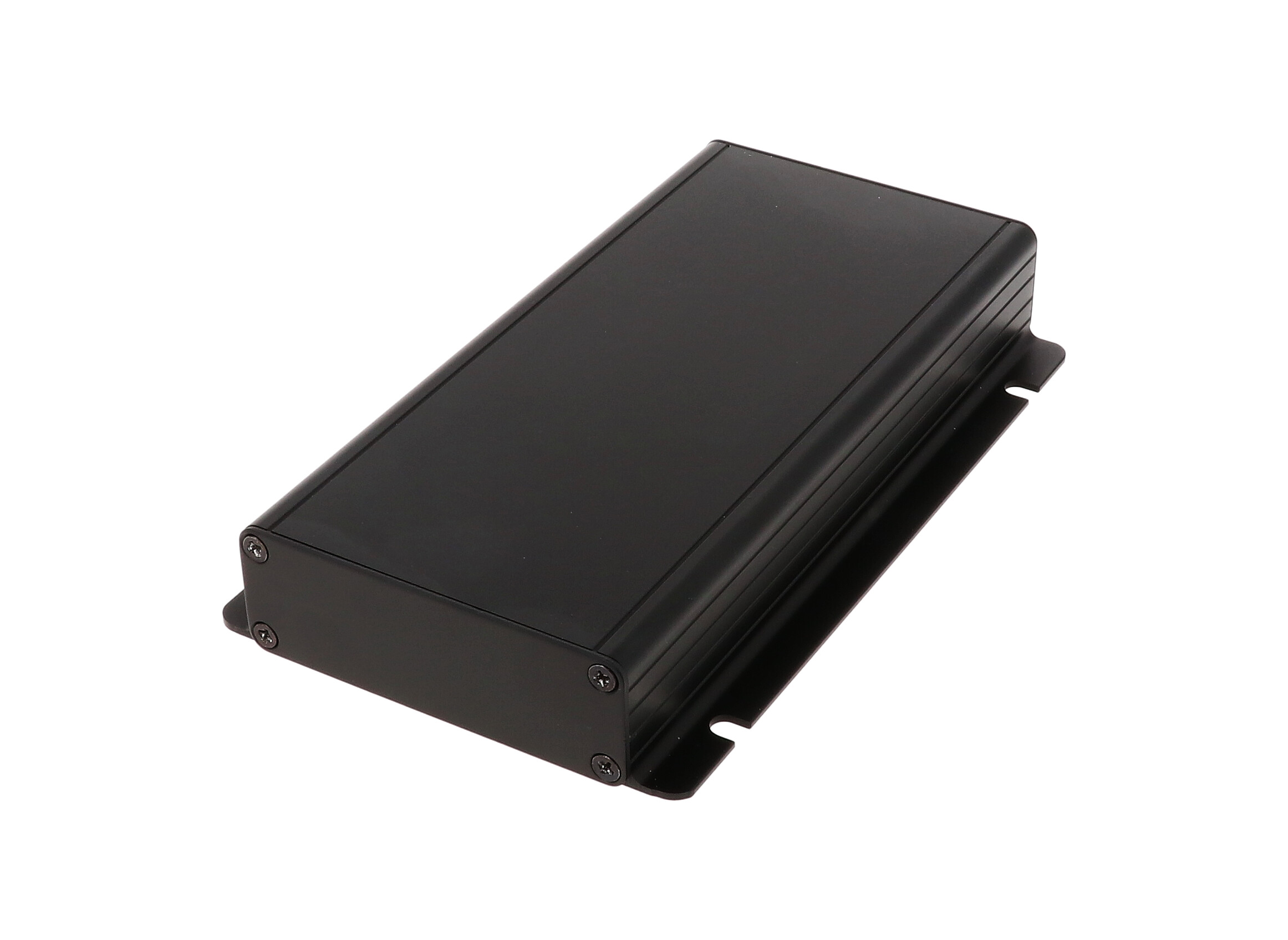 1455JF1601BK black anodized extruded aluminum enclosure with integrated slotted mounting flanges