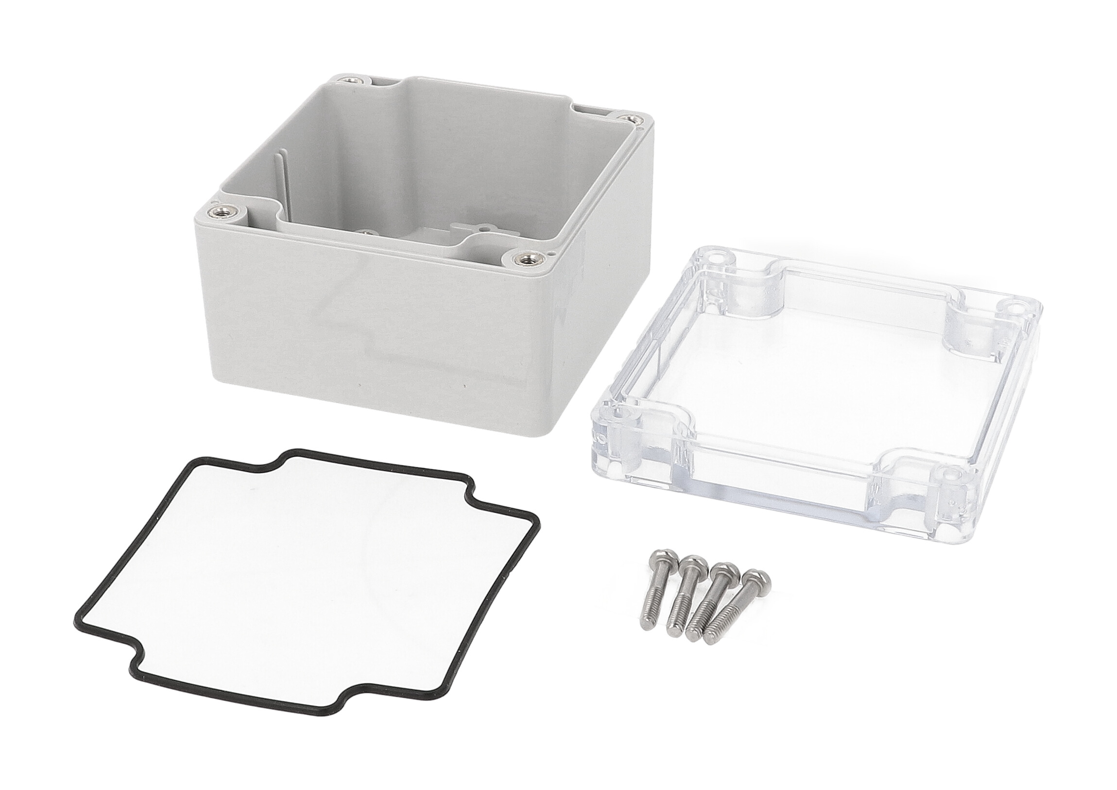 1554E2GYCL square gray polycarbonate enclosure with clear lid, 90 x 90 x 61 mm