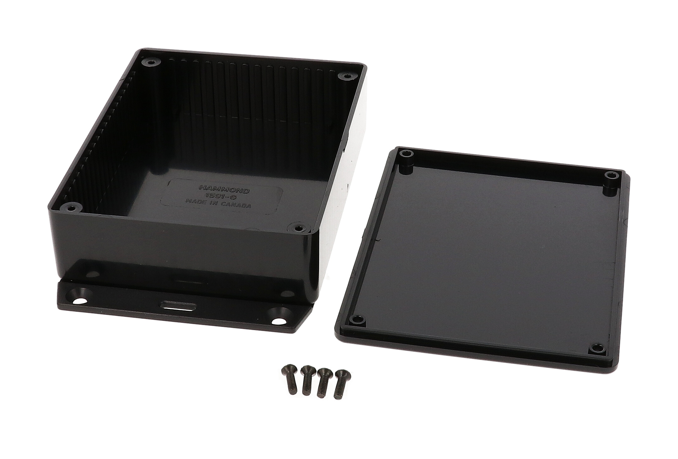 1591GF2SBK black general purpose ABS enclosure with bottom mounting flange