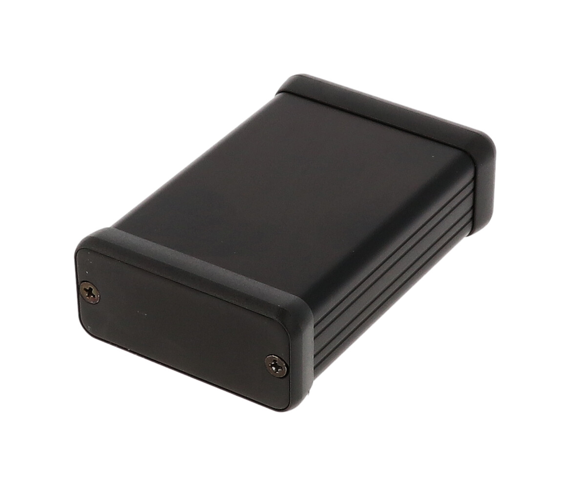 1455C801BK black anodized extruded aluminum PC board enclosure, 80 x 54 x 23 mm, with metal end panels