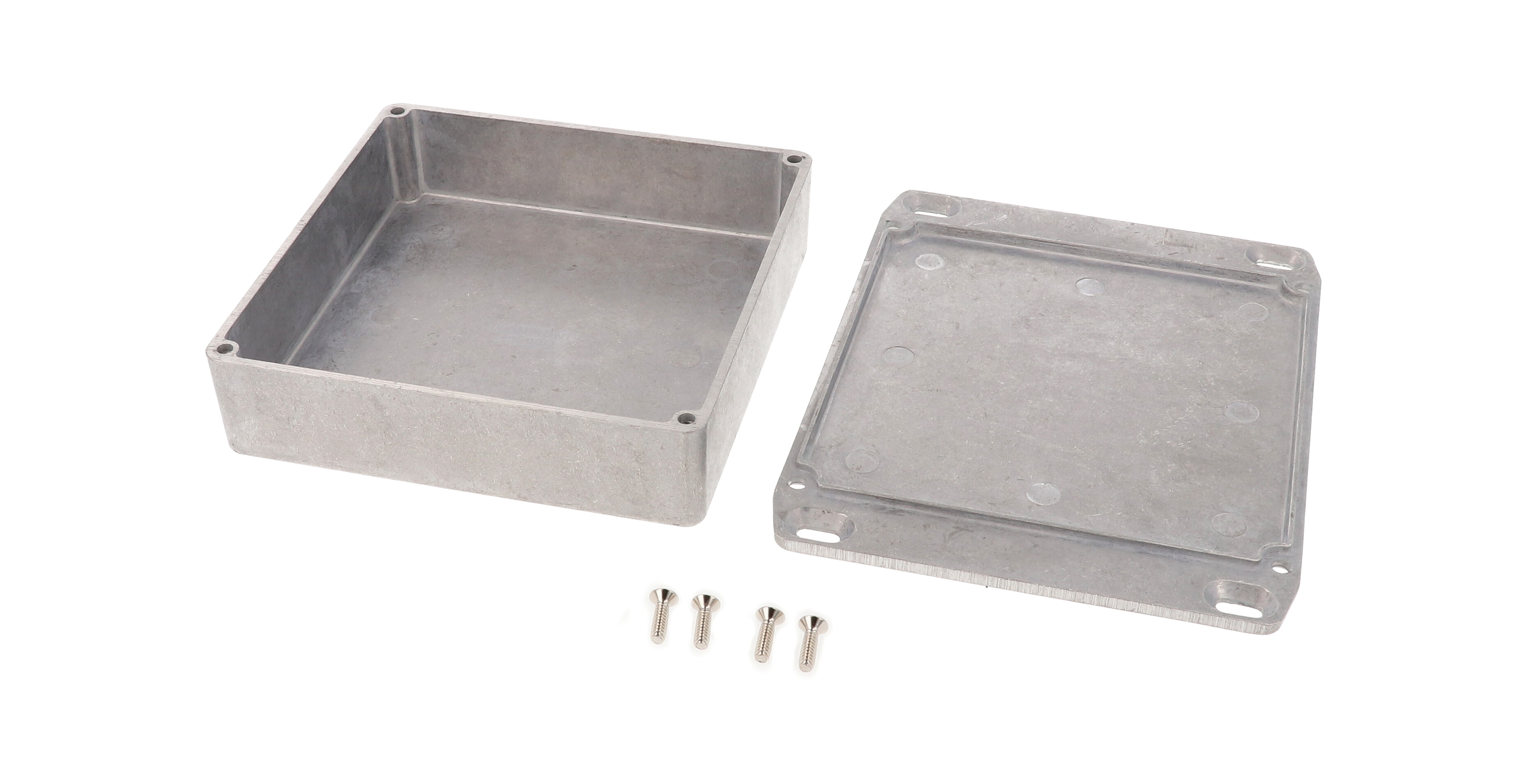 1590QFL natural aluminum diecast aluminum enclosure with wall-mounting flanged lid, 120 x 120 x 34 mm