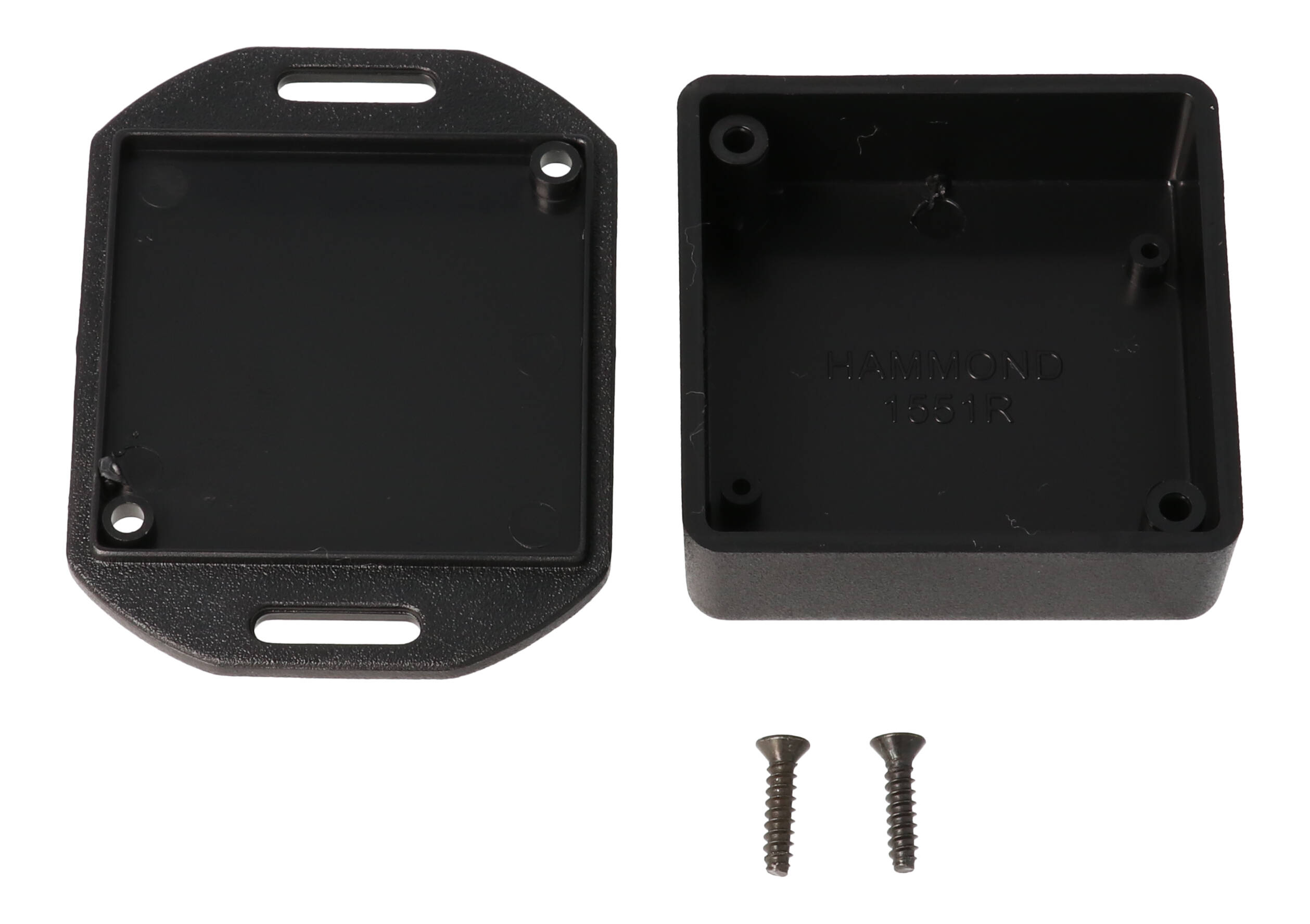 1551RFLBK black ABS miniature enclosure with flanged mounting lid, 50 x 50 x 20 mm