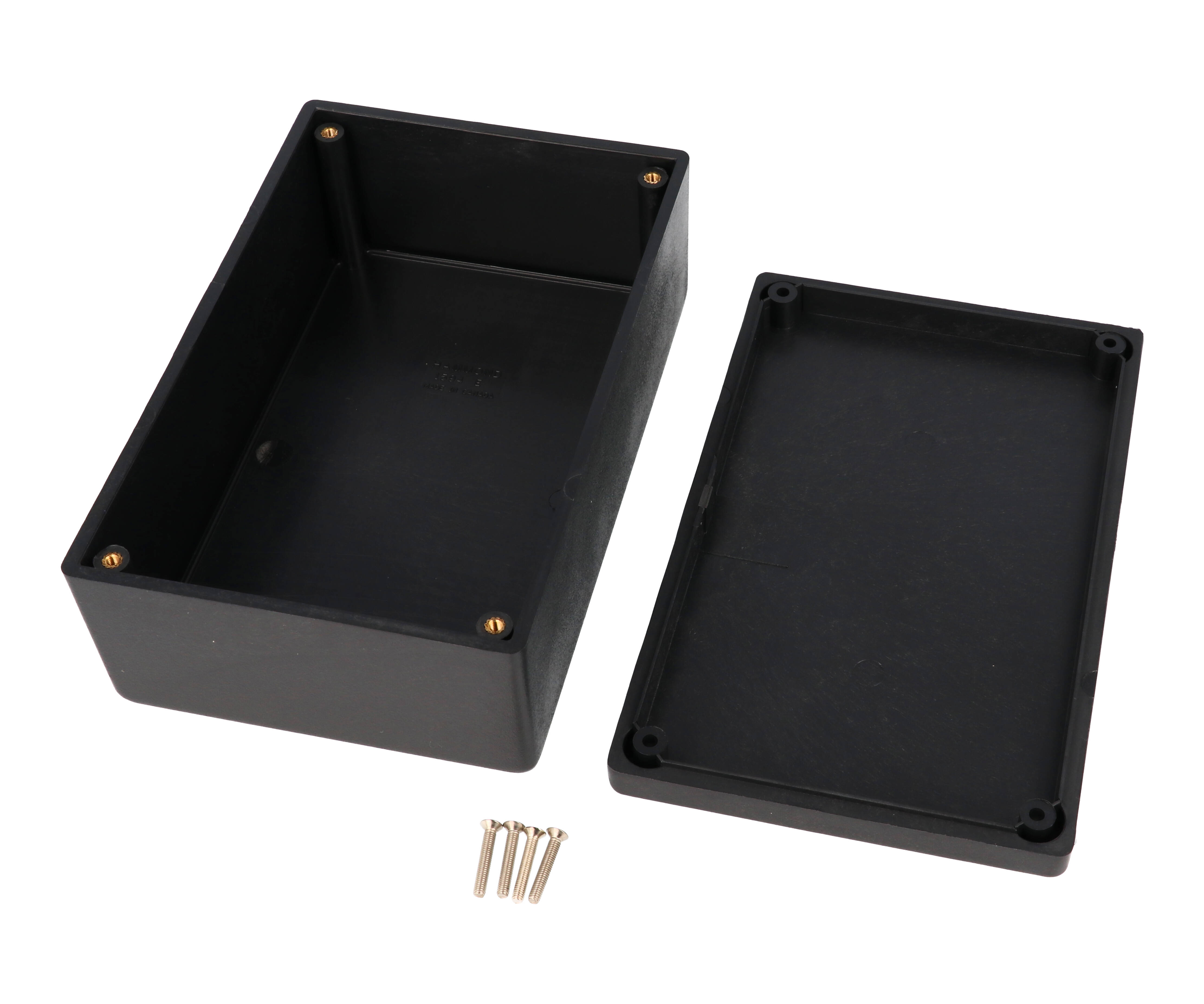 1594RFIEBK black 167 x 107 mm conductive plastic EMI/RFI shielded enclosure with countersunk lid